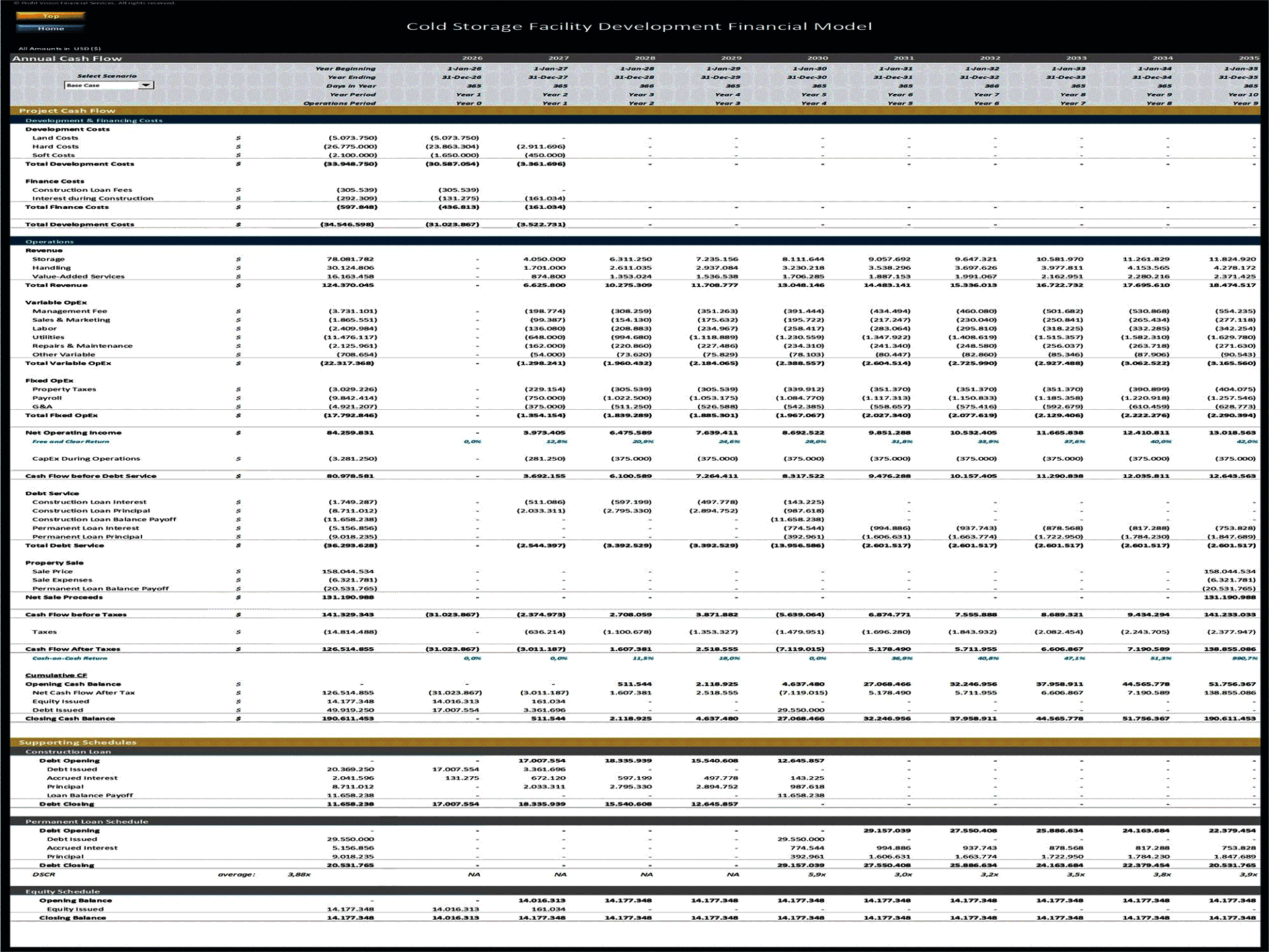 Cold Storage Facility Development – 10 Year Financial Model (Excel template (XLSX)) Preview Image