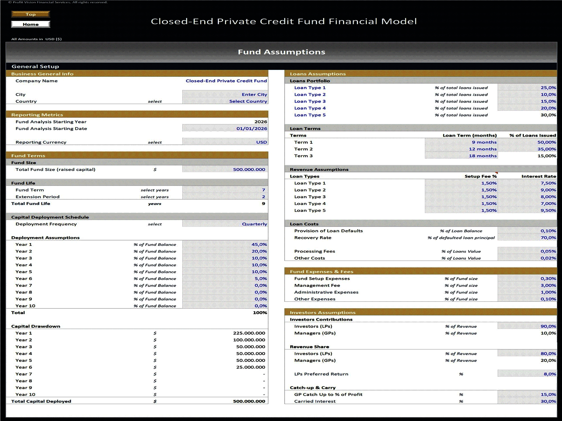 Private Credit Fund - 10 Year Financial Model (Excel template (XLSX)) Preview Image