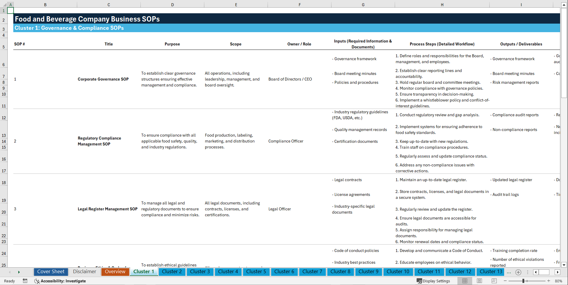 100+ Food and Beverage Company Business SOPs (Excel template (XLSX)) Preview Image