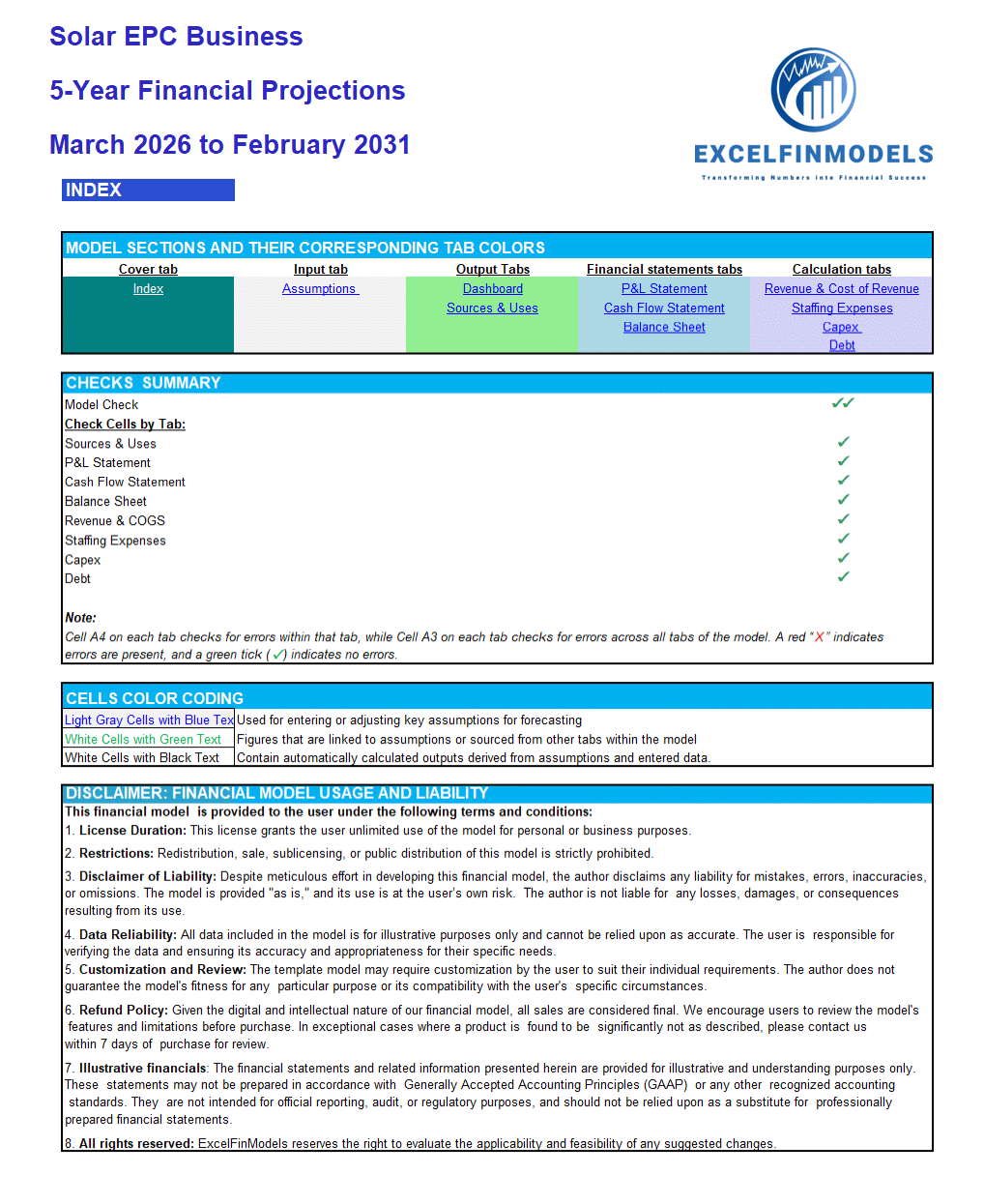 Solar PV EPC (Engineering, Procurement & Construction) Financial Model (Excel template (XLSX)) Preview Image