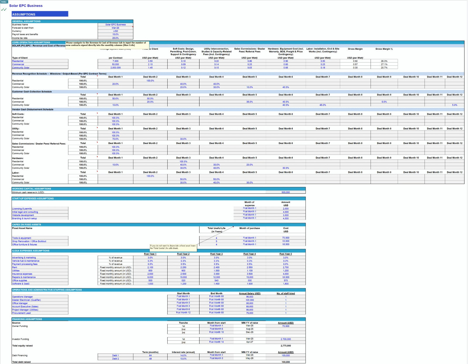 Solar PV EPC (Engineering, Procurement & Construction) Financial Model (Excel template (XLSX)) Preview Image