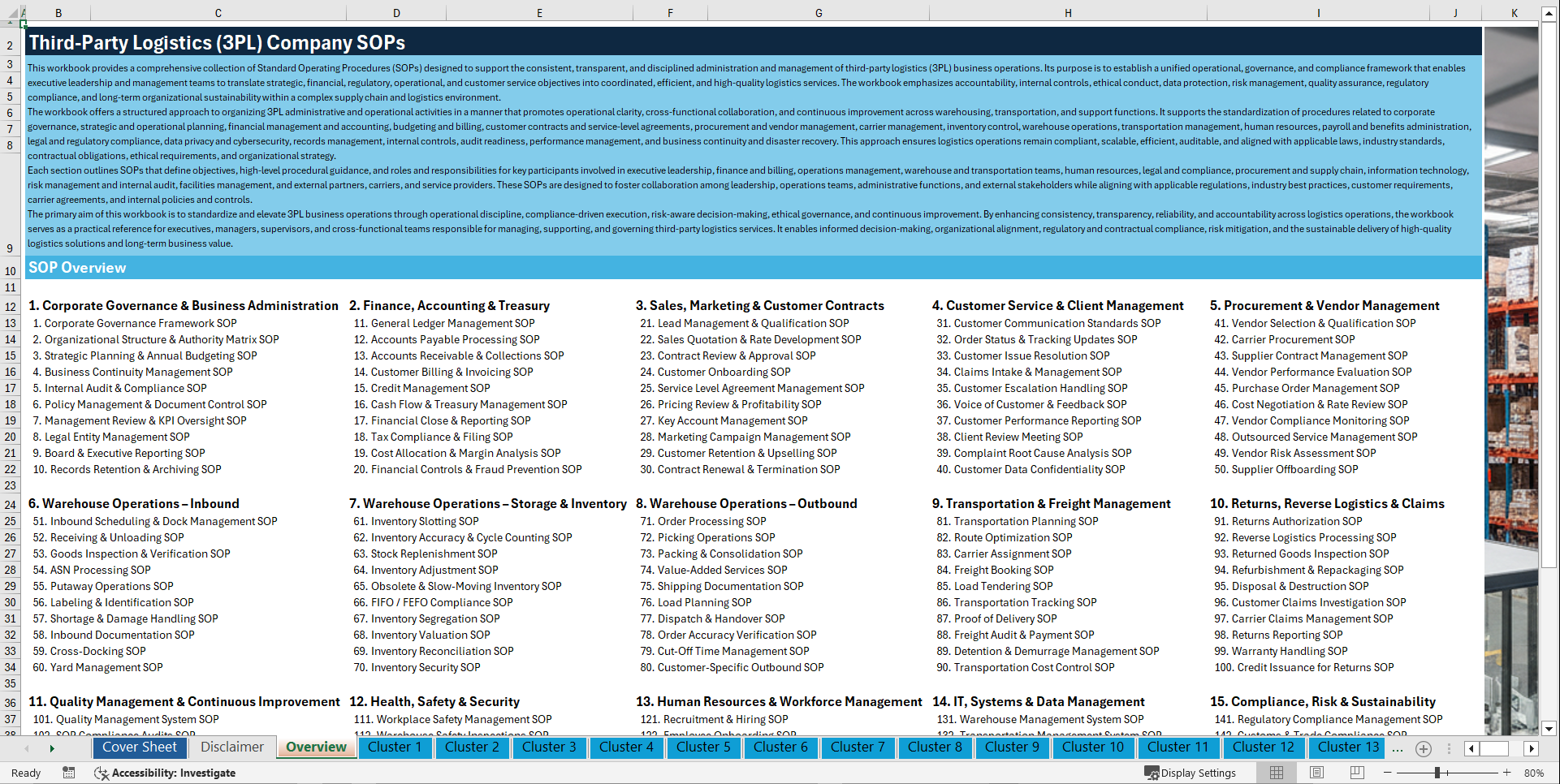 100+ Third-Party Logistics (3PL) Company SOPs (Excel template (XLSX)) Preview Image