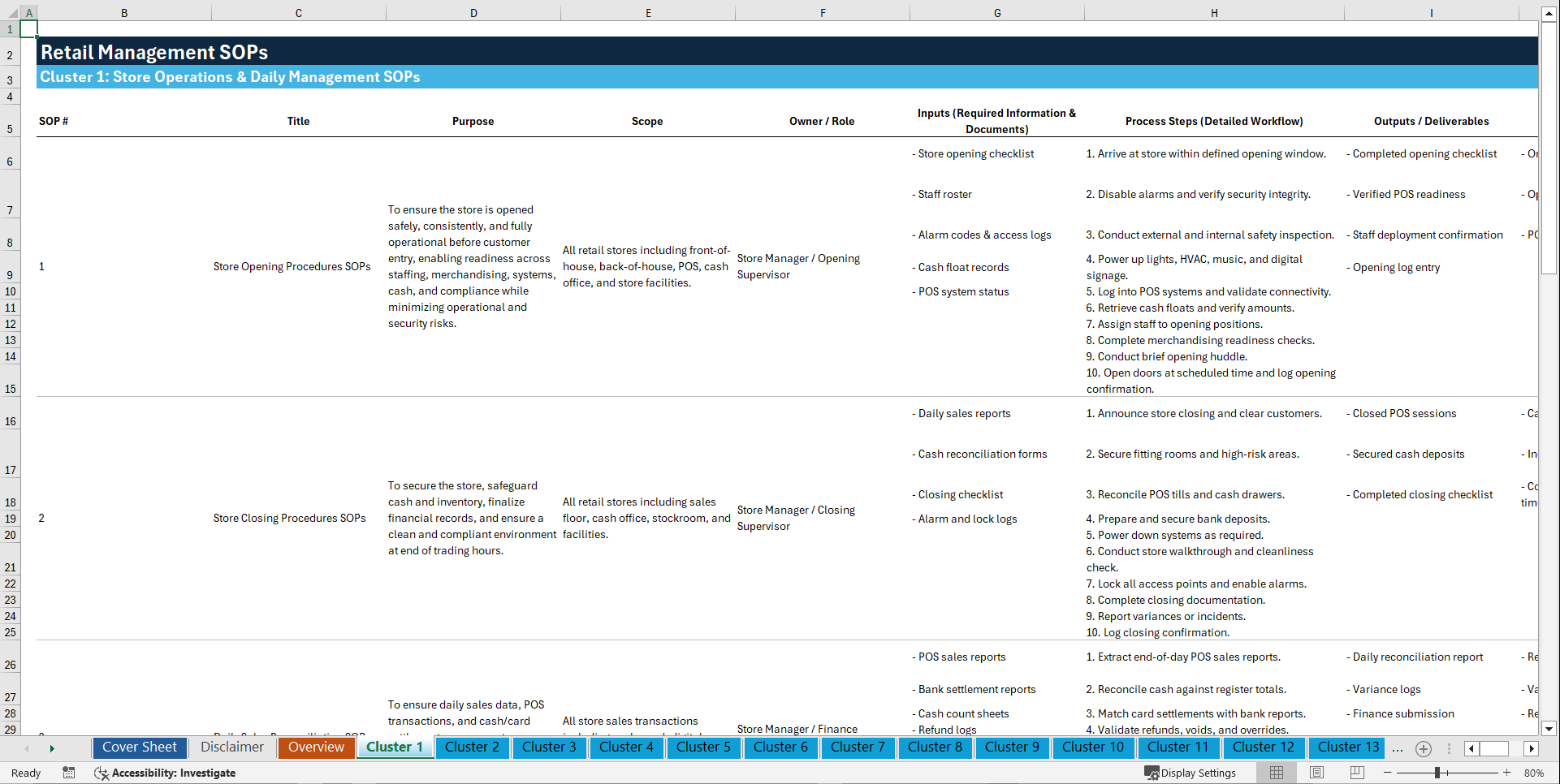 100+ Retail Management SOPs (Excel template (XLSX)) Preview Image