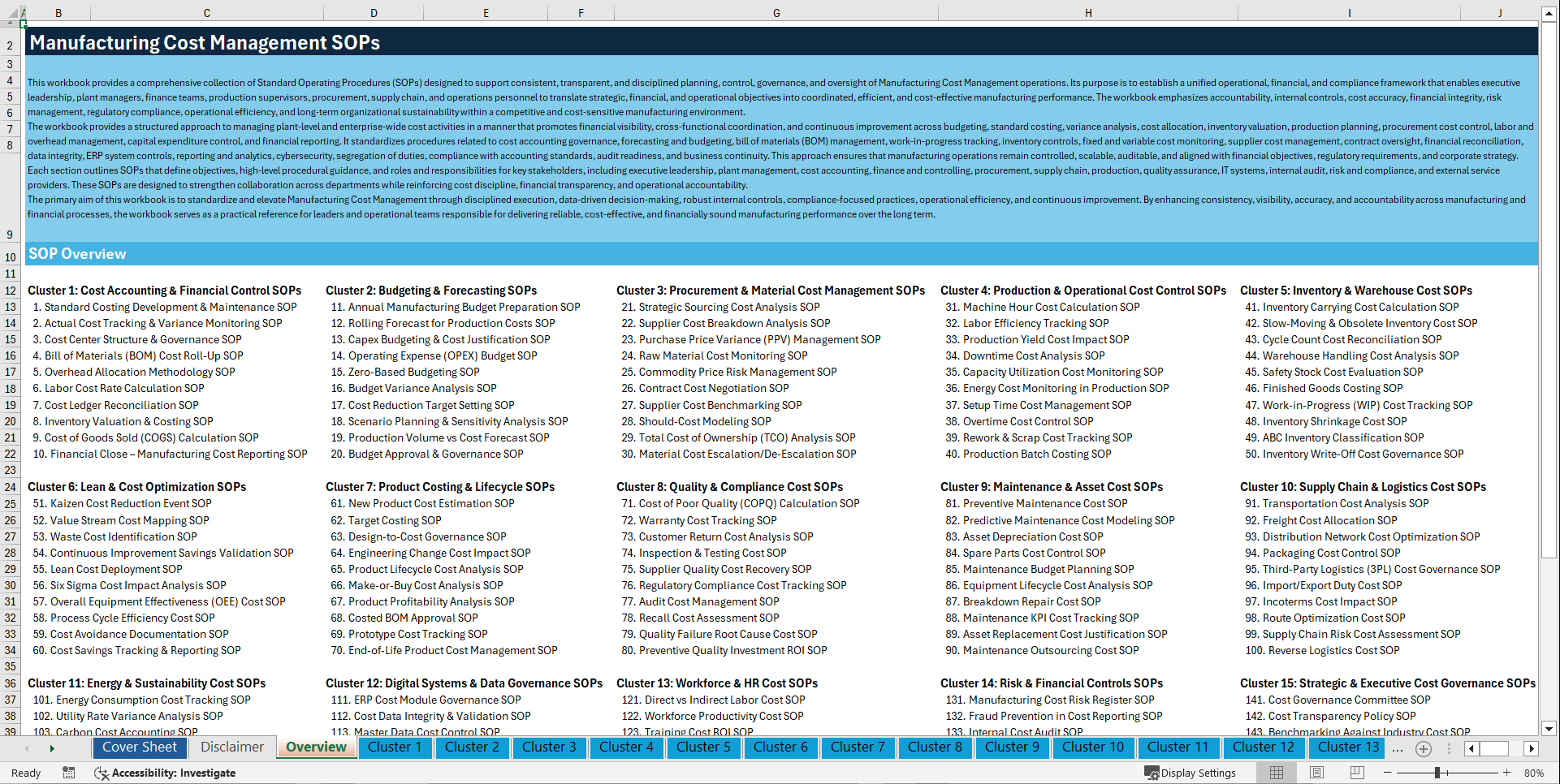 100+ Manufacturing Cost Management SOPs (Excel template (XLSX)) Preview Image