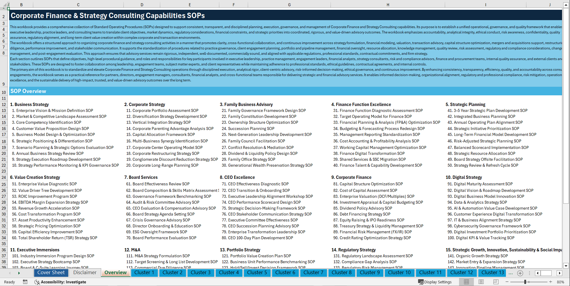 Corporate Finance & Strategy Consulting Capabilities SOPs (Excel template (XLSX)) Preview Image