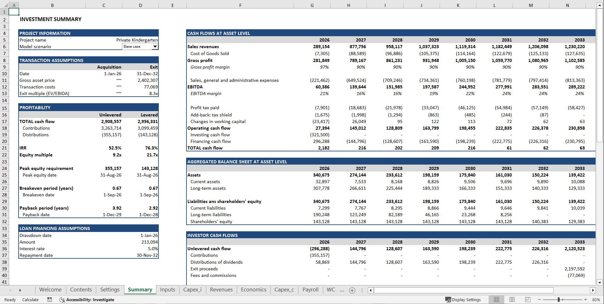 Private Kindergarten Financial Model (Excel template (XLSX)) Preview Image