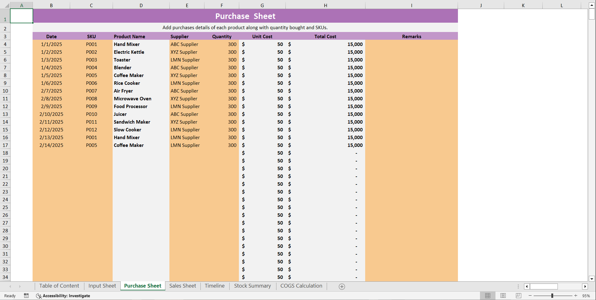 Inventory and COGS Financial Tool (Excel template (XLSX)) Preview Image