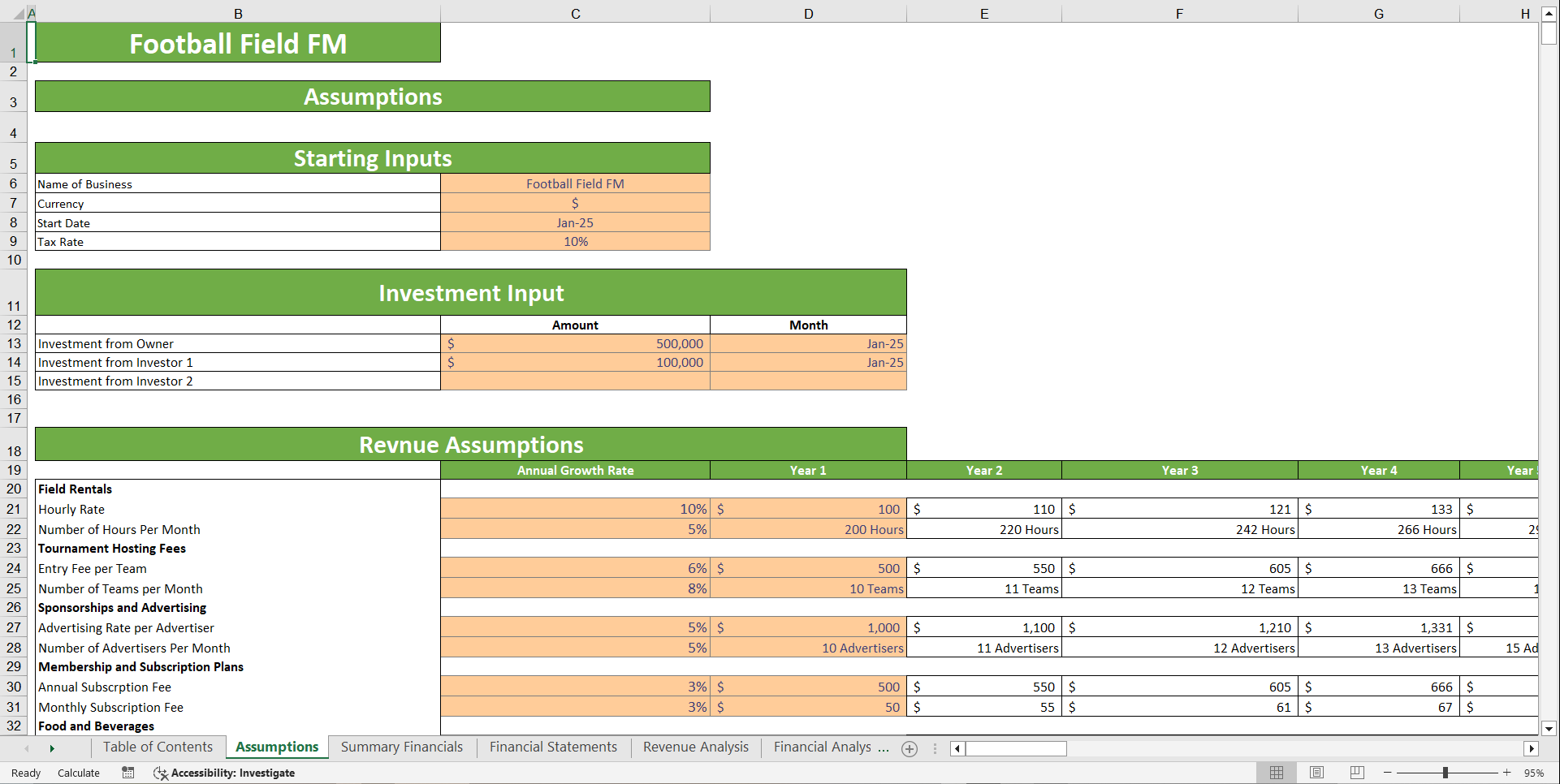 Football Field Financial Model Template (Excel template (XLSX)) Preview Image
