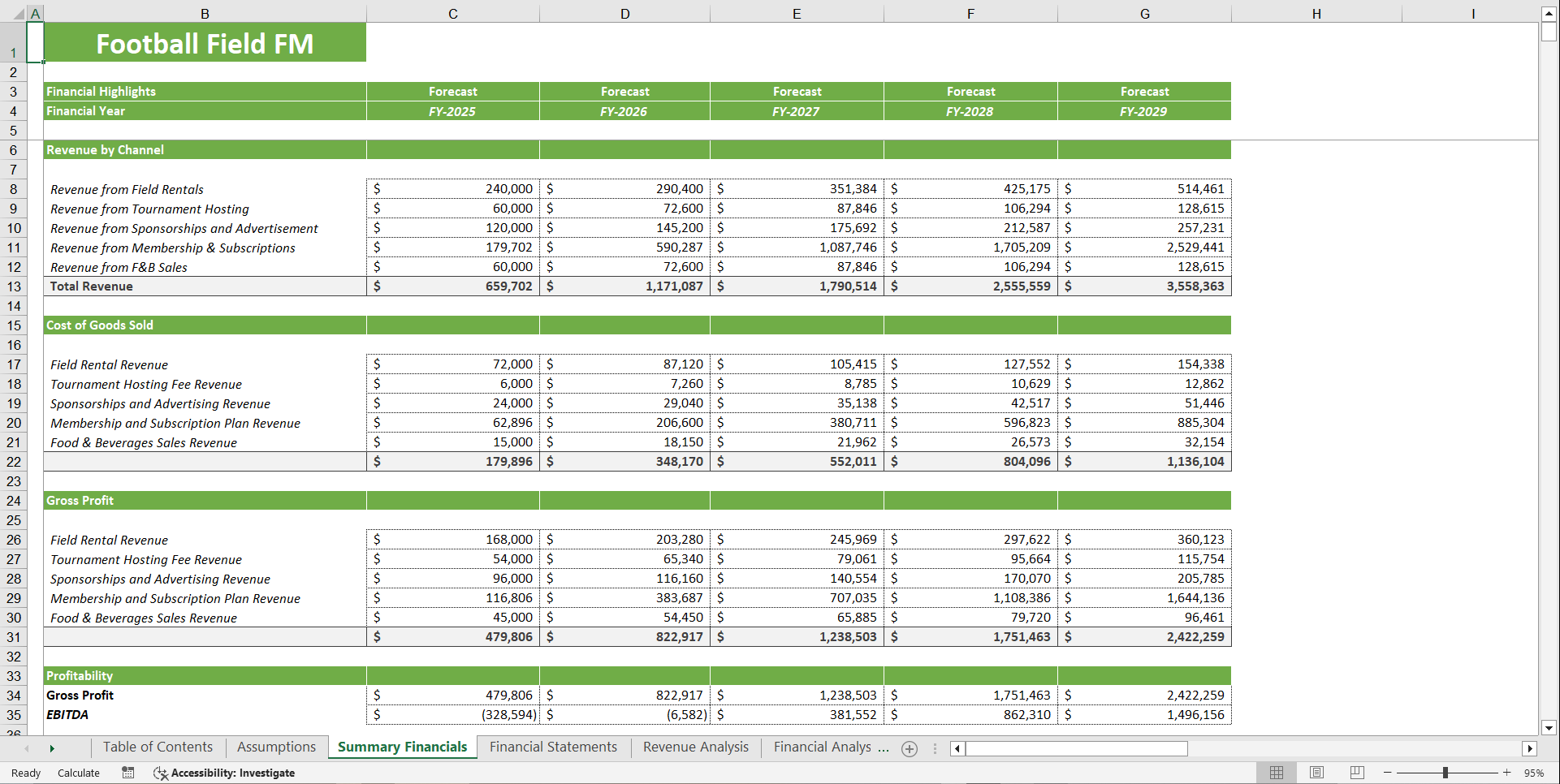 Football Field Financial Model Template (Excel template (XLSX)) Preview Image