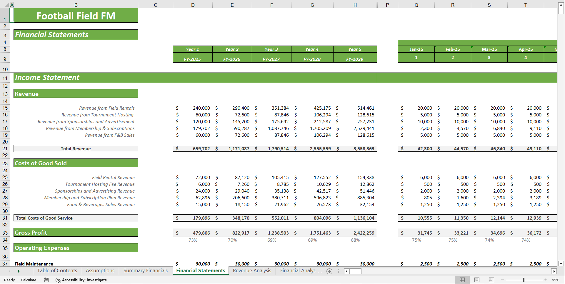 Football Field Financial Model Template (Excel template (XLSX)) Preview Image