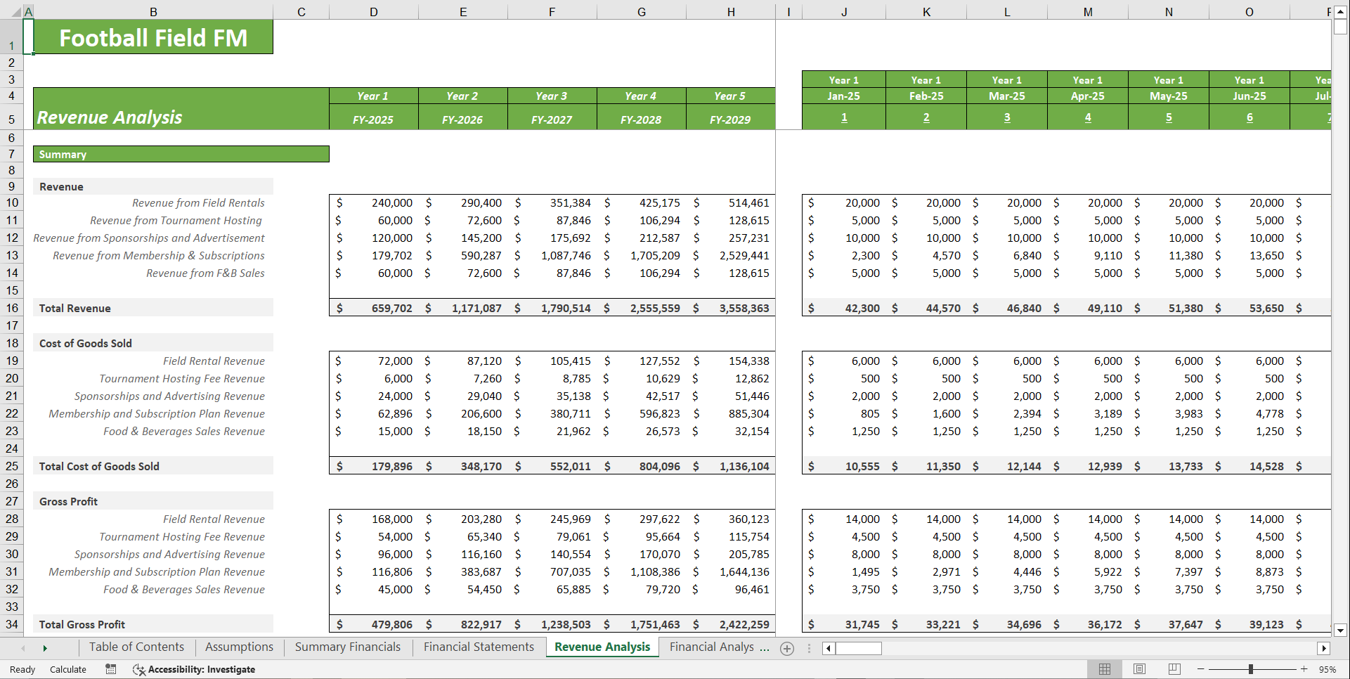 Football Field Financial Model Template (Excel template (XLSX)) Preview Image