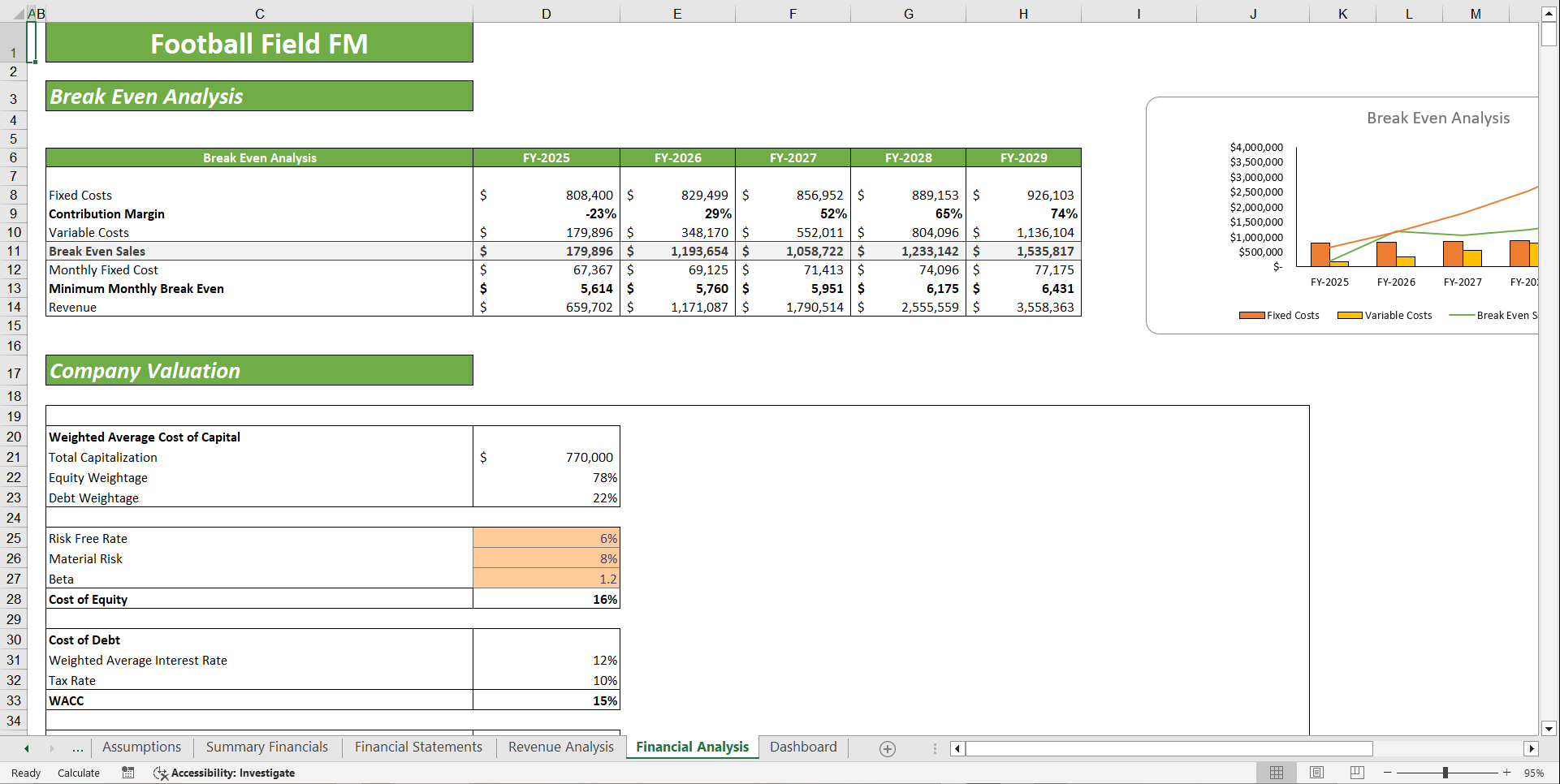 Football Field Financial Model Template (Excel template (XLSX)) Preview Image