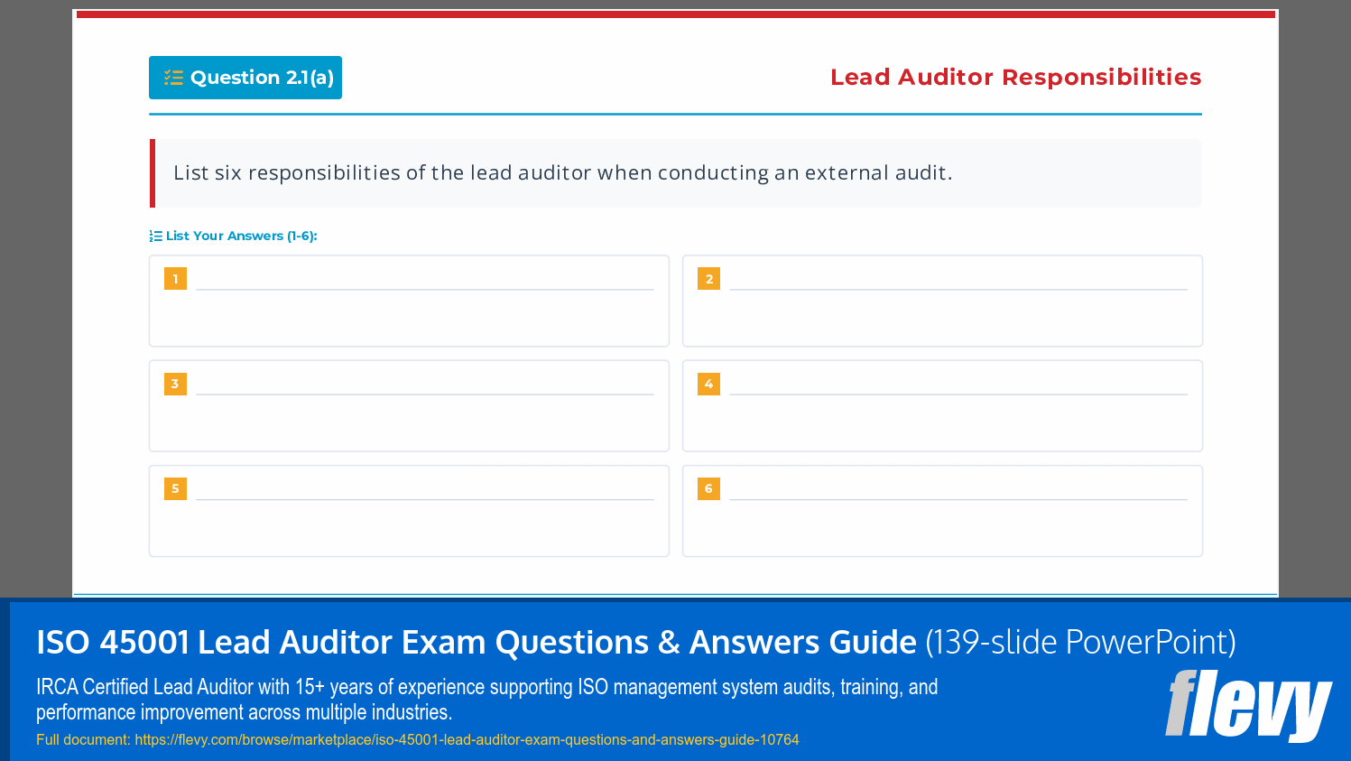 ISO 45001 Lead Auditor Exam Questions & Answers Guide (139-slide PPT PowerPoint presentation slide deck (PPTX)) Preview Image