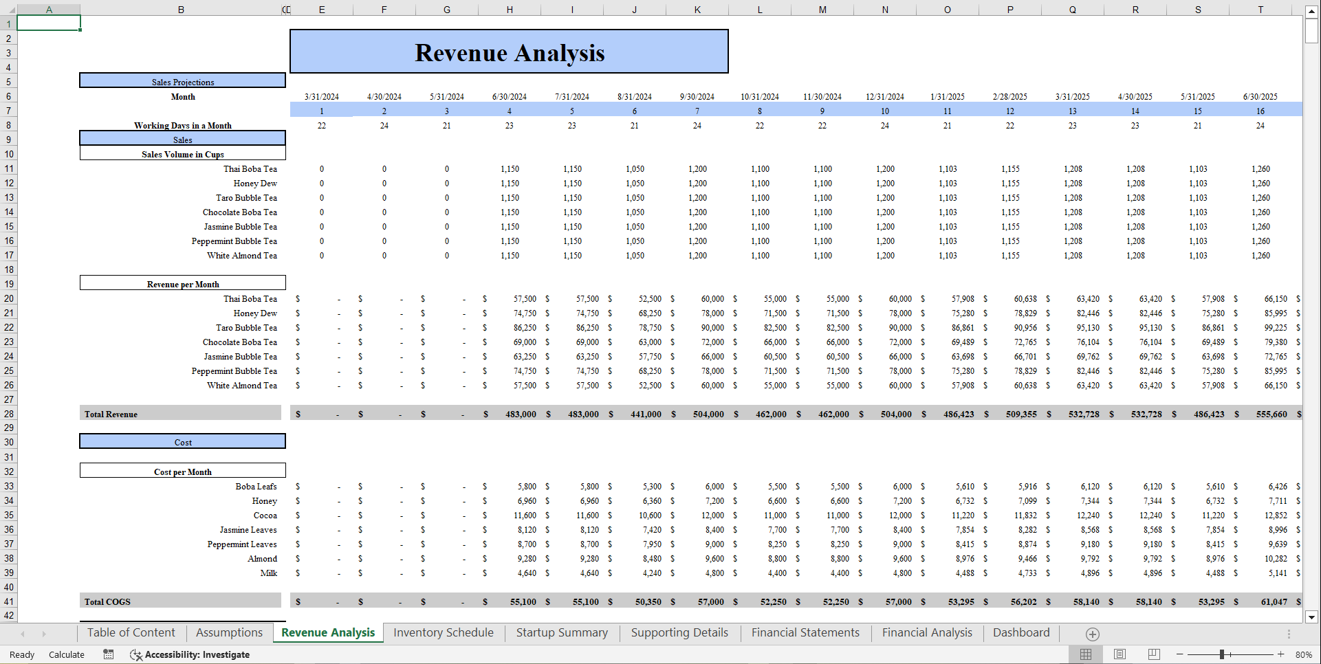 Bubble Tea Cafe Financial Model Template (Excel template (XLSX)) Preview Image