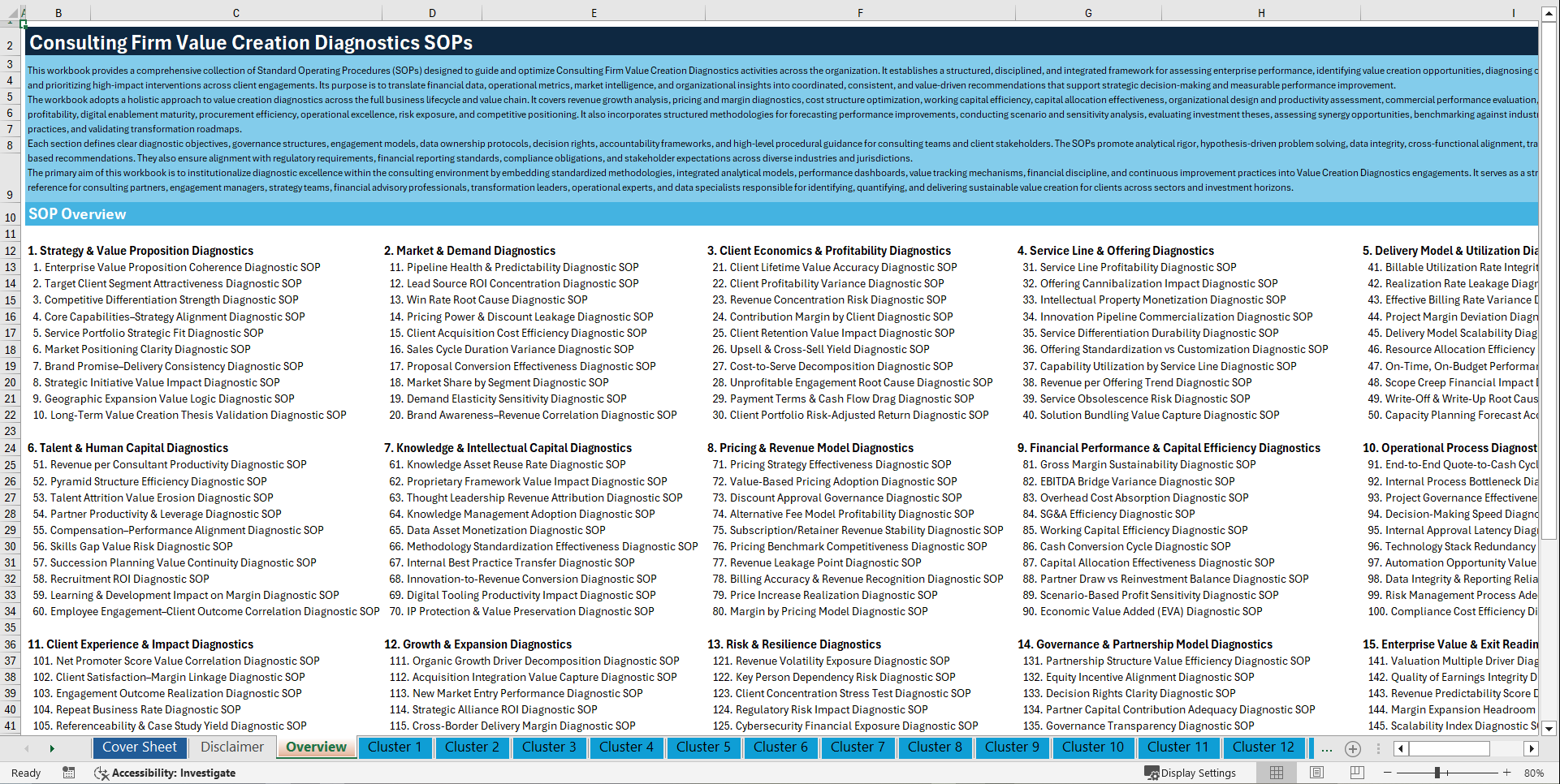100+ Consulting Firm Value Creation Diagnostics SOPs (Excel template (XLSX)) Preview Image