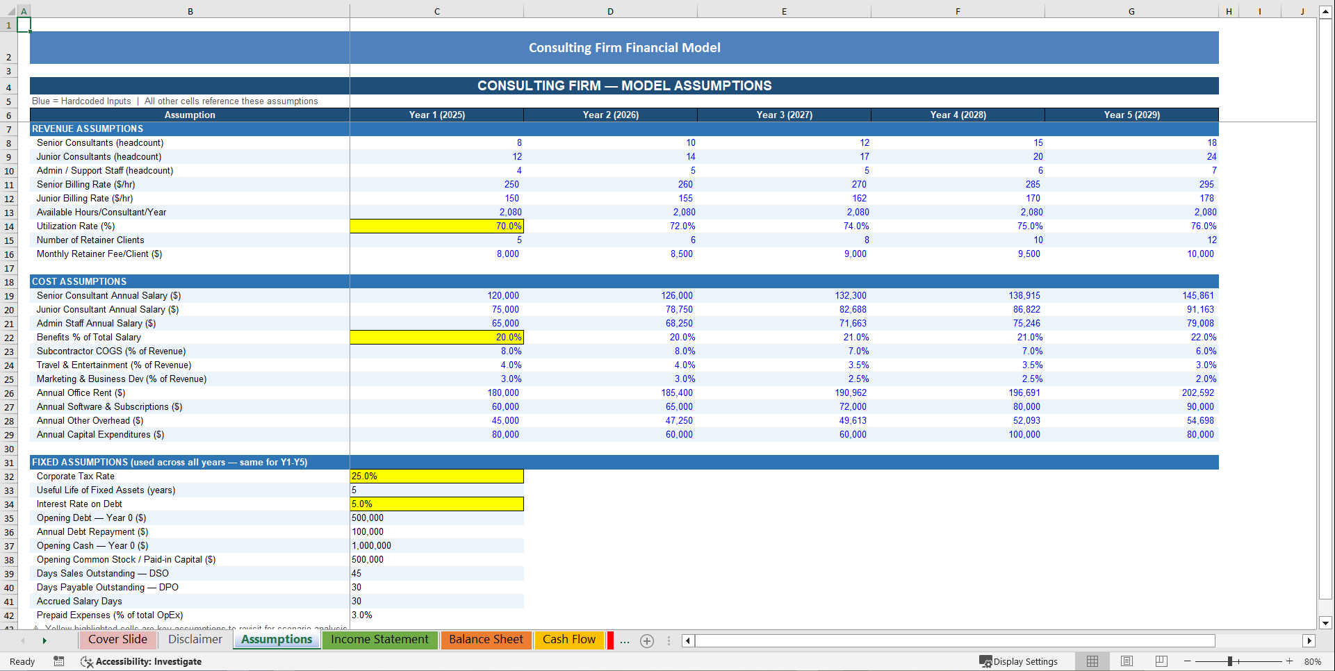 Consulting Firm 5-Year 3 Statement Financial Model (Excel template (XLSX)) Preview Image