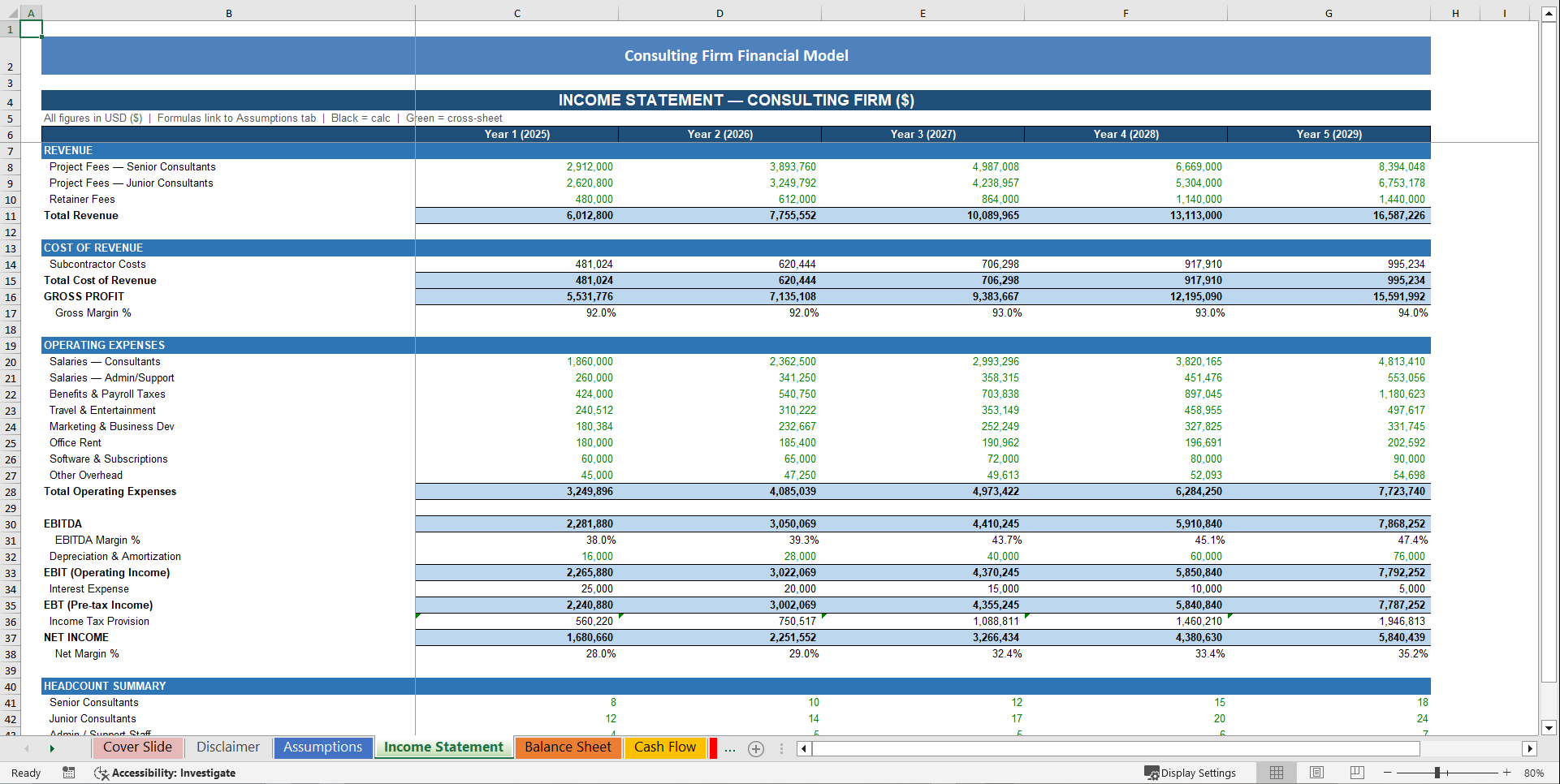 Consulting Firm 5-Year 3 Statement Financial Model (Excel template (XLSX)) Preview Image