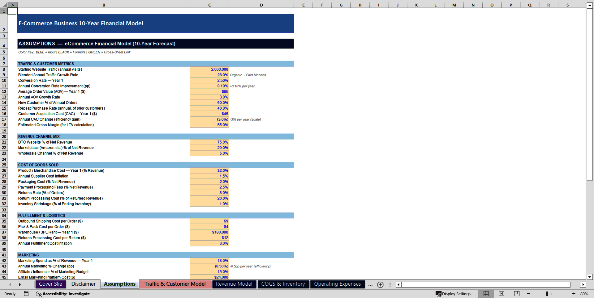E-Commerce Business 10-Year 3 Statement Financial Model (Excel template (XLSX)) Preview Image