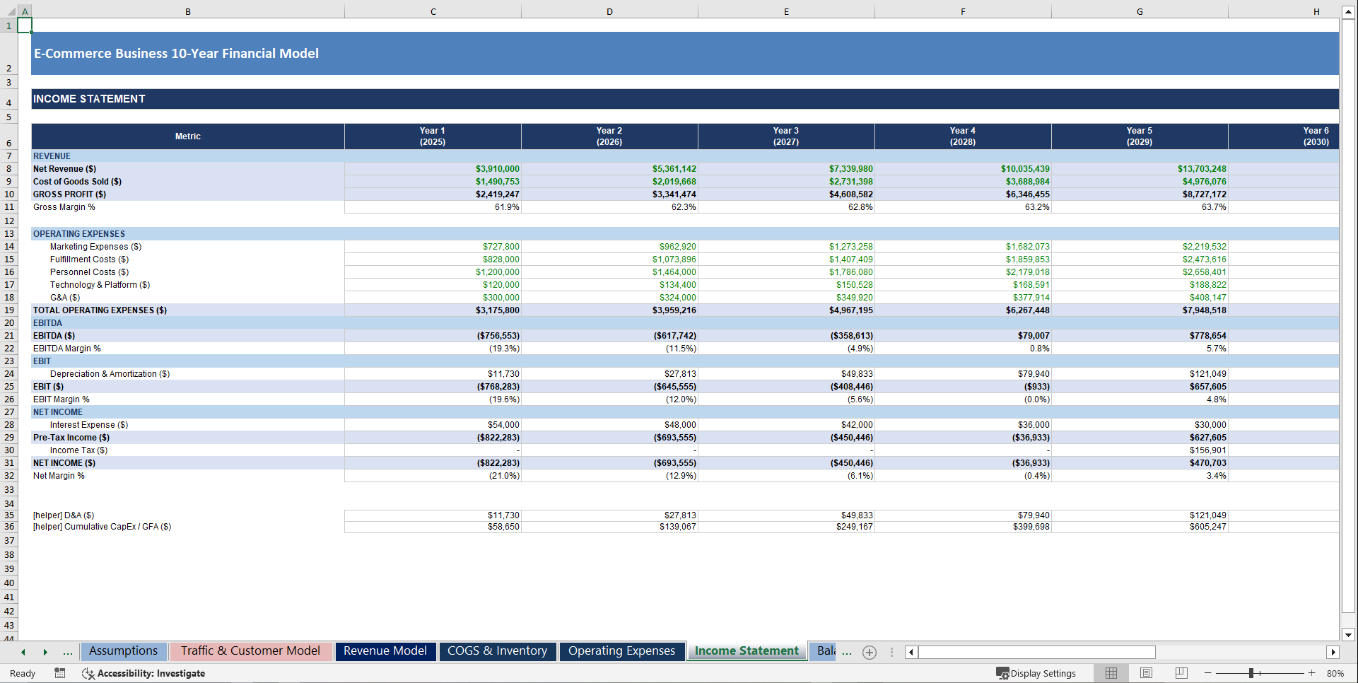 E-Commerce Business 10-Year 3 Statement Financial Model (Excel template (XLSX)) Preview Image