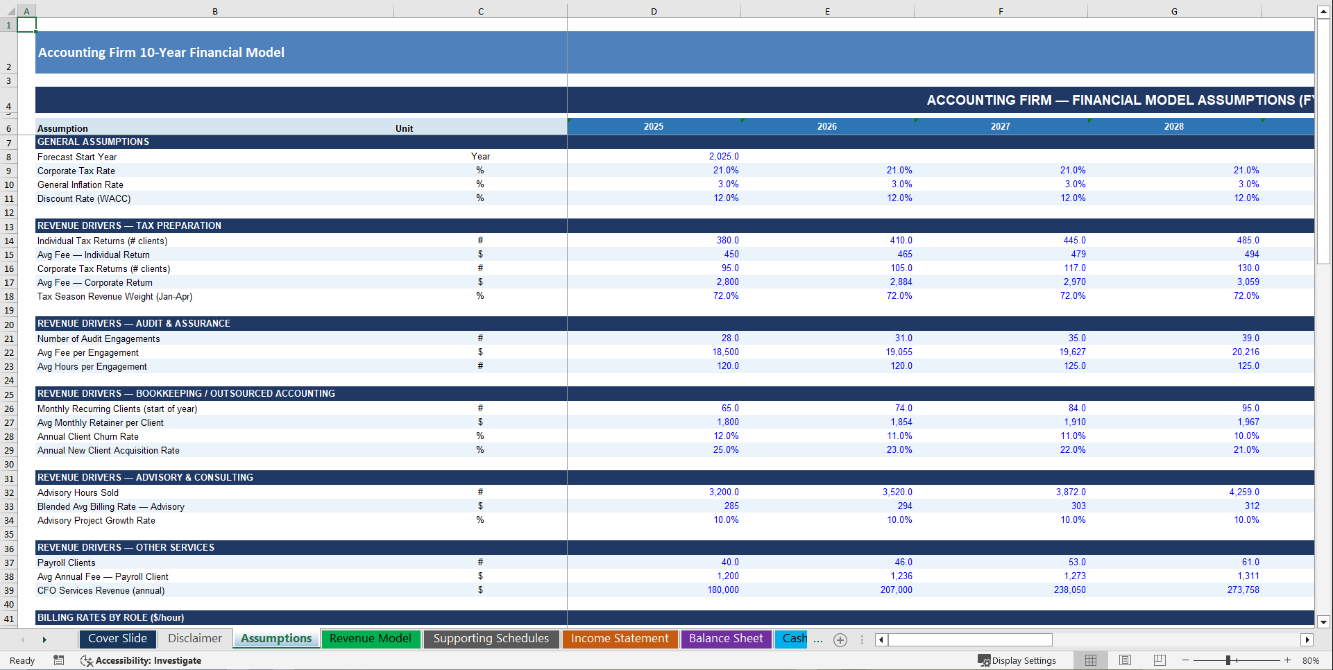 Accounting Firm 10-Year 3 Statement Financial Model (Excel template (XLSX)) Preview Image