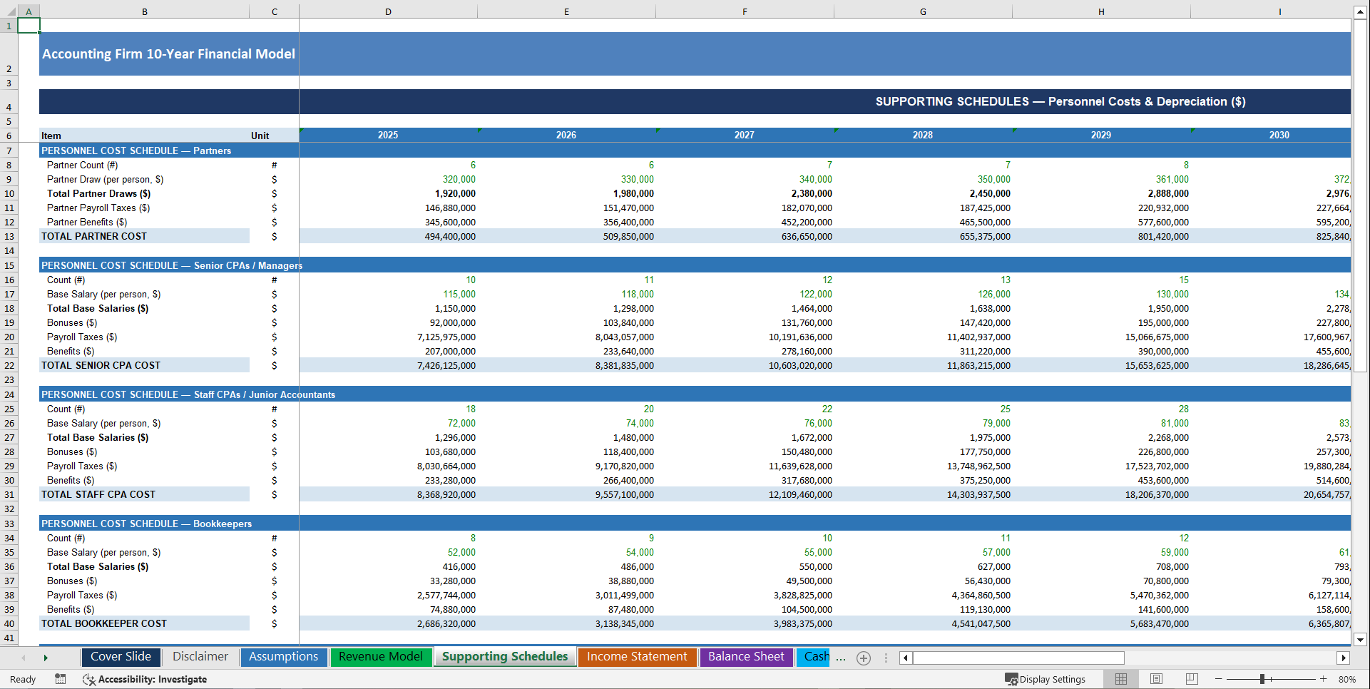 Accounting Firm 10-Year 3 Statement Financial Model (Excel template (XLSX)) Preview Image