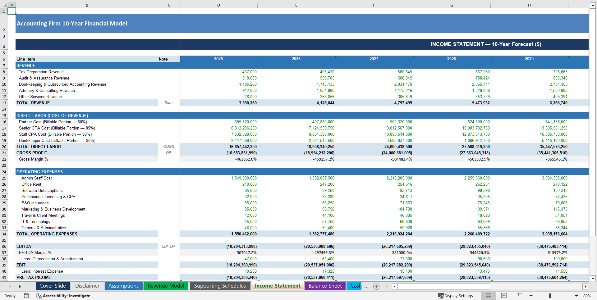 Accounting Firm 10-Year 3 Statement Financial Model (Excel template (XLSX)) Preview Image