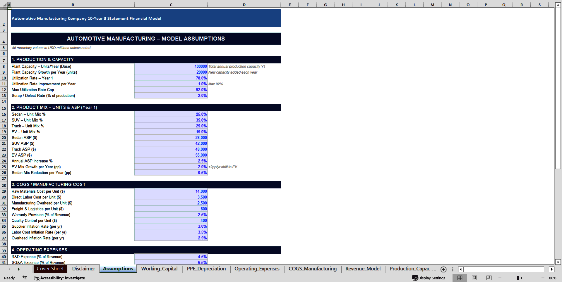 Automotive Manufacturer 10-Year 3 Statement Financial Model (Excel template (XLSX)) Preview Image