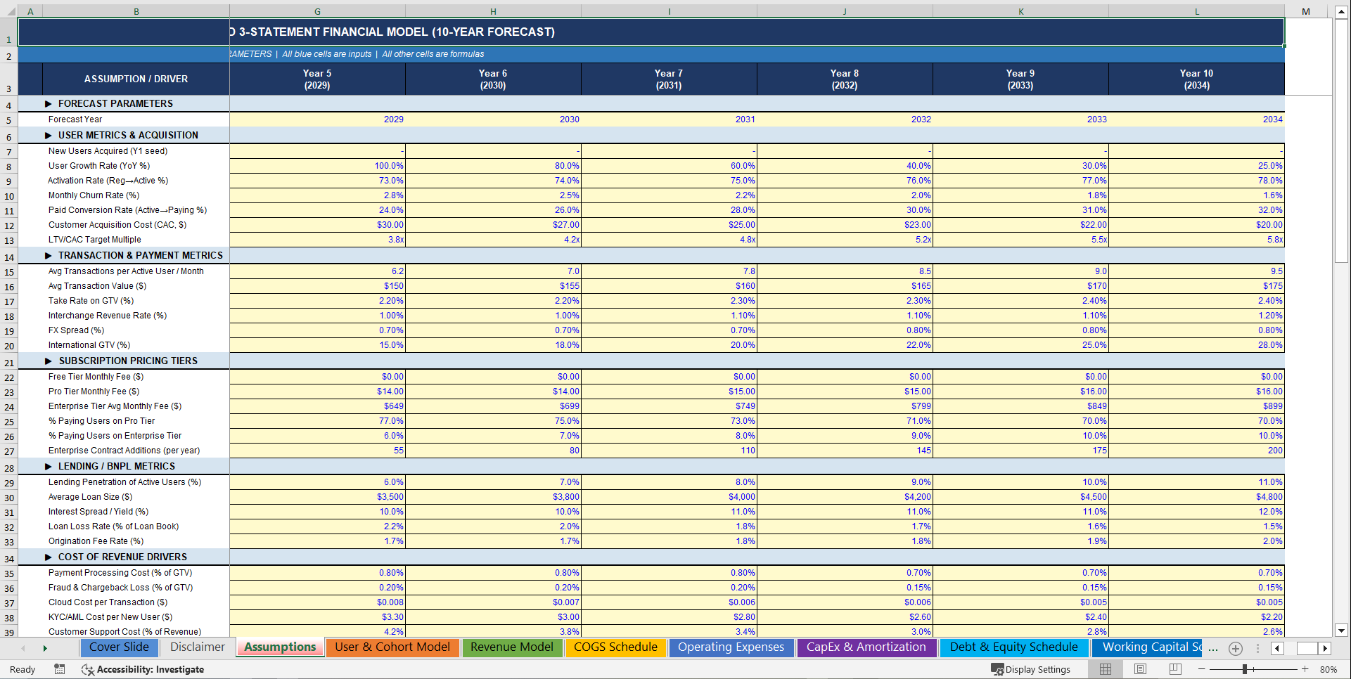 FinTech Business 10-Year 3 Statement Financial Model (Excel template (XLSX)) Preview Image