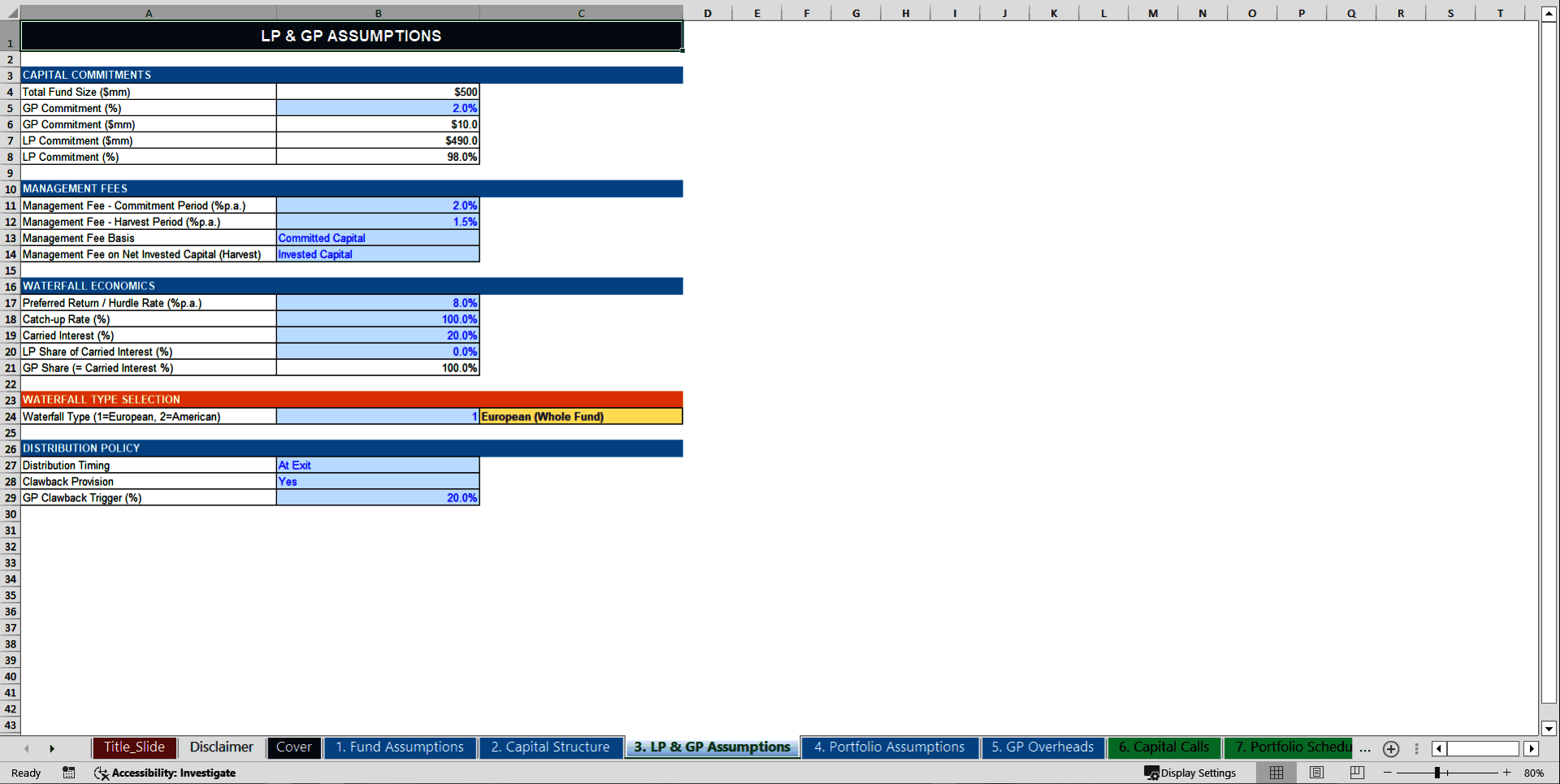 Private Equity Fund Projection Model (10-Year Forecast) (Excel template (XLSX)) Preview Image