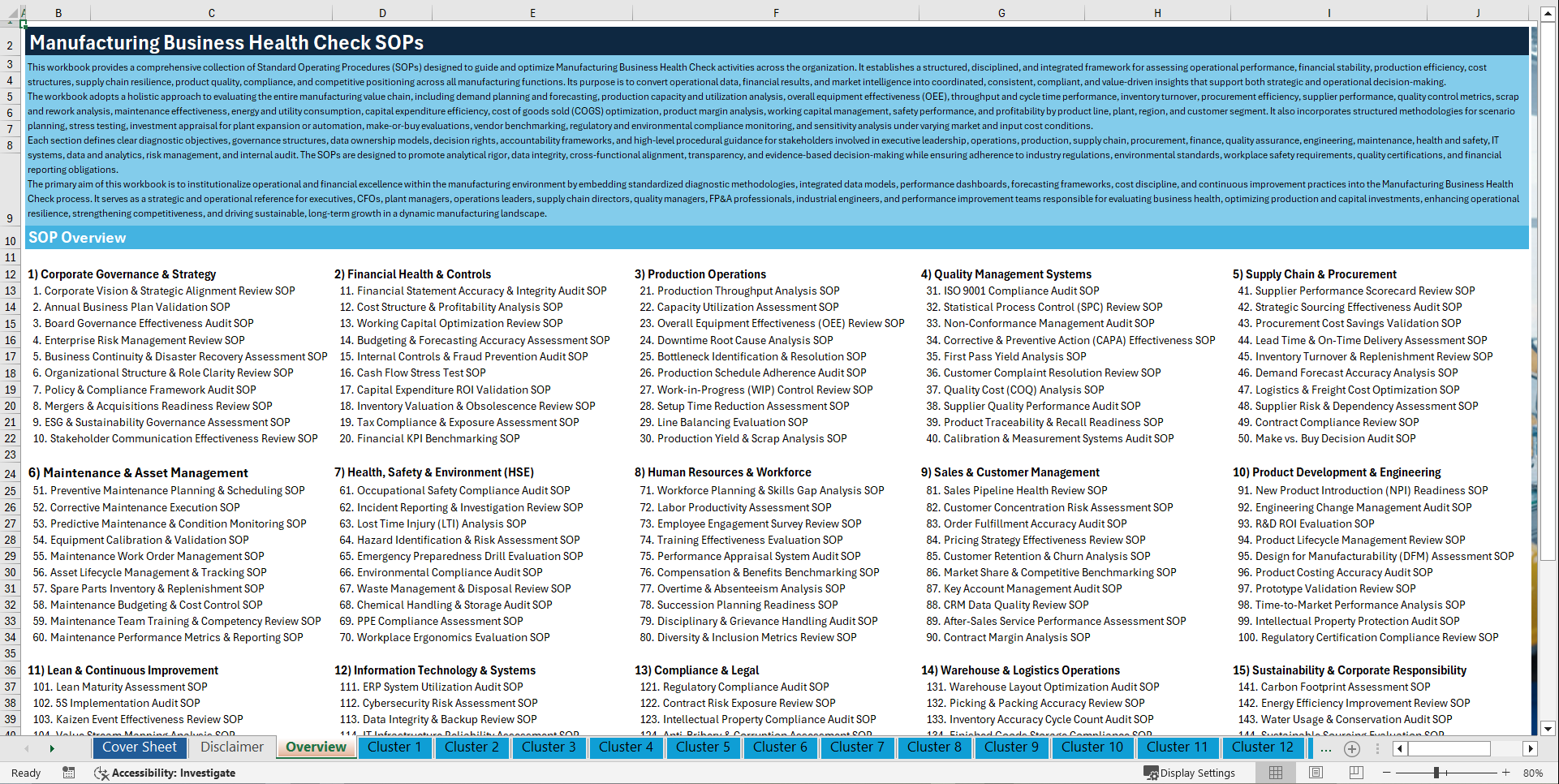 100+ Manufacturing Business Health Check SOPs (Excel template (XLSX)) Preview Image