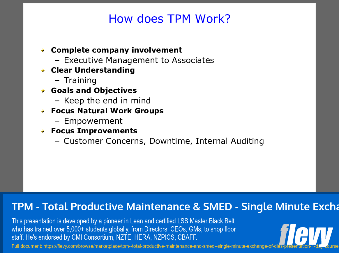 TPM - Total Productive Maintenance & SMED - Single Minute Exchange of Dies Presentation 1 day course (103-slide PPT PowerPoint presentation (PPT)) Preview Image