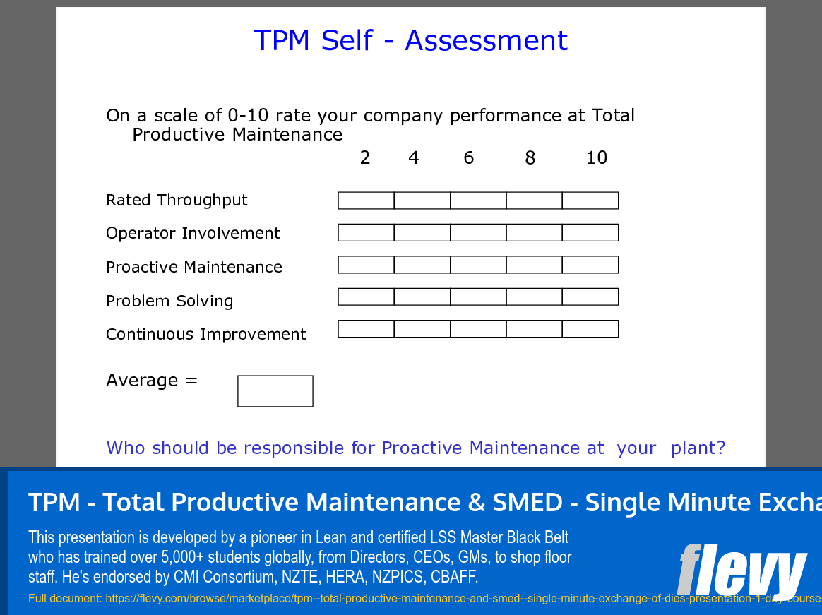 TPM - Total Productive Maintenance & SMED - Single Minute Exchange of Dies Presentation 1 day course (103-slide PPT PowerPoint presentation (PPT)) Preview Image