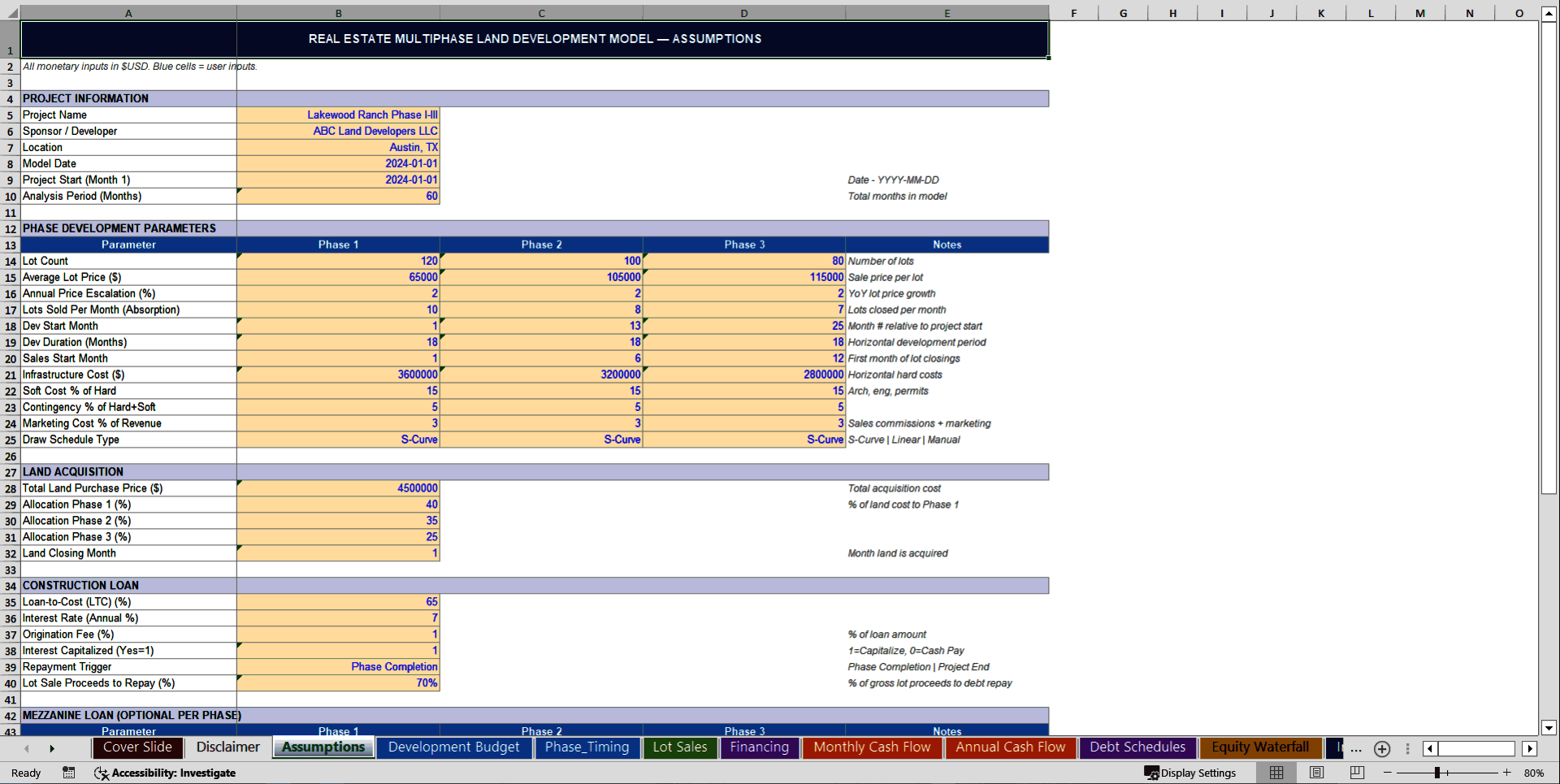 Real Estate - Multiphase Land Development Financial Model (Excel template (XLSX)) Preview Image