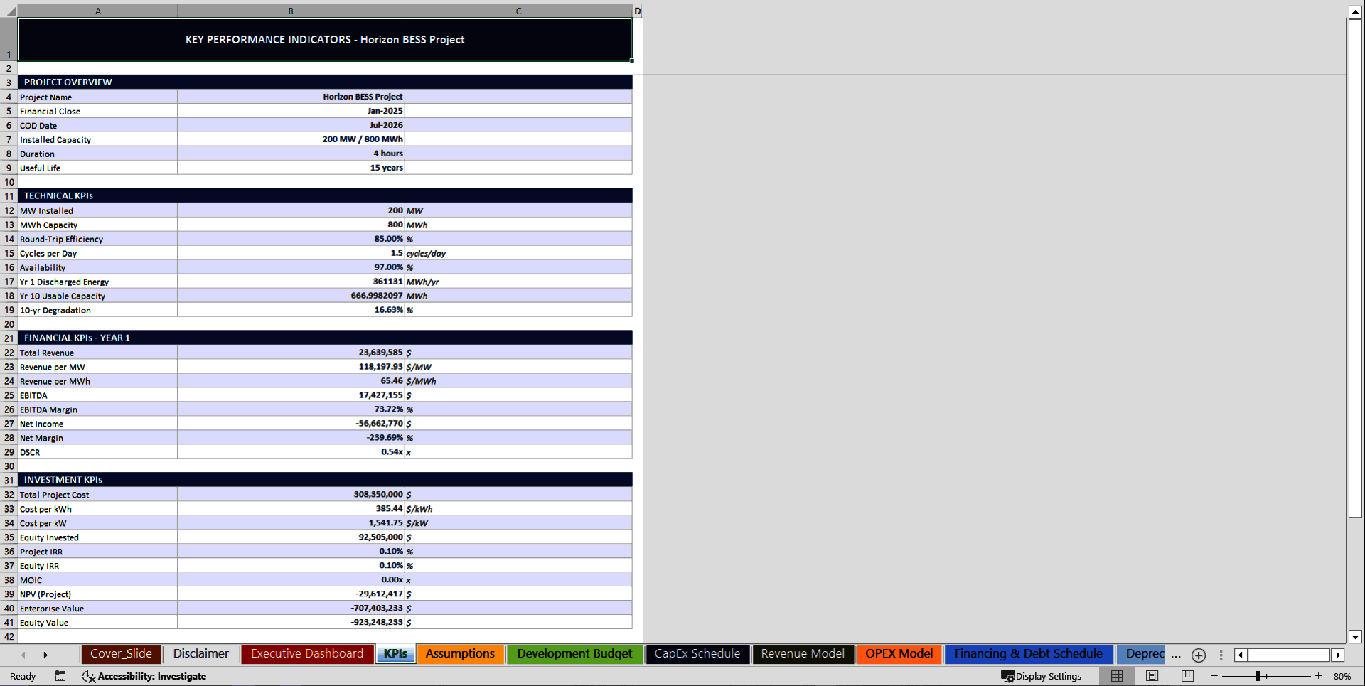 Battery Energy Storage System (BESS) 10-Year Financial Model (Excel template (XLSX)) Preview Image