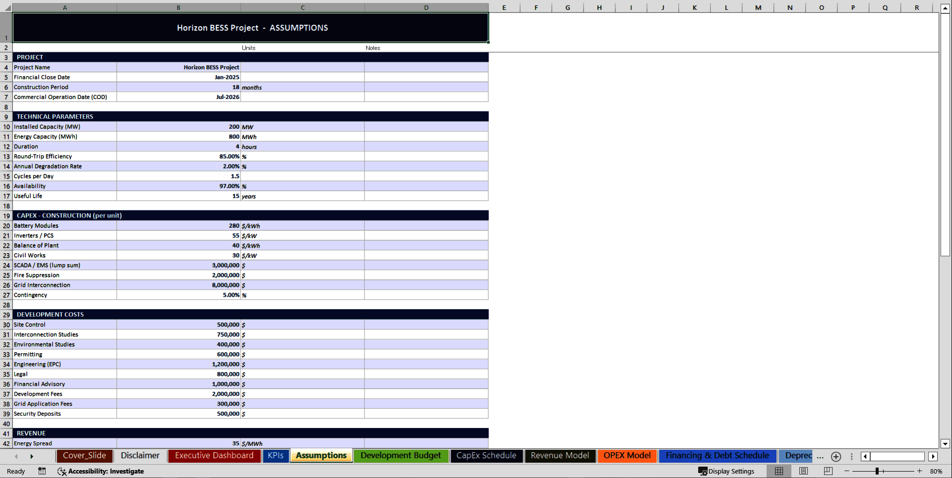 Battery Energy Storage System (BESS) 10-Year Financial Model (Excel template (XLSX)) Preview Image