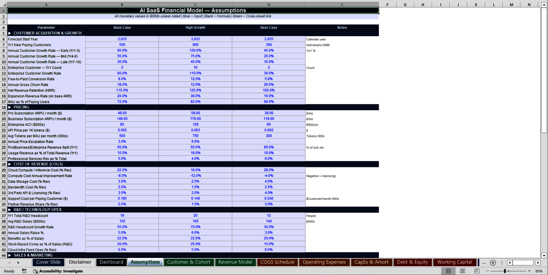 AI SaaS Startup 10-Year 3 Statement Financial Model (Excel template (XLSX)) Preview Image