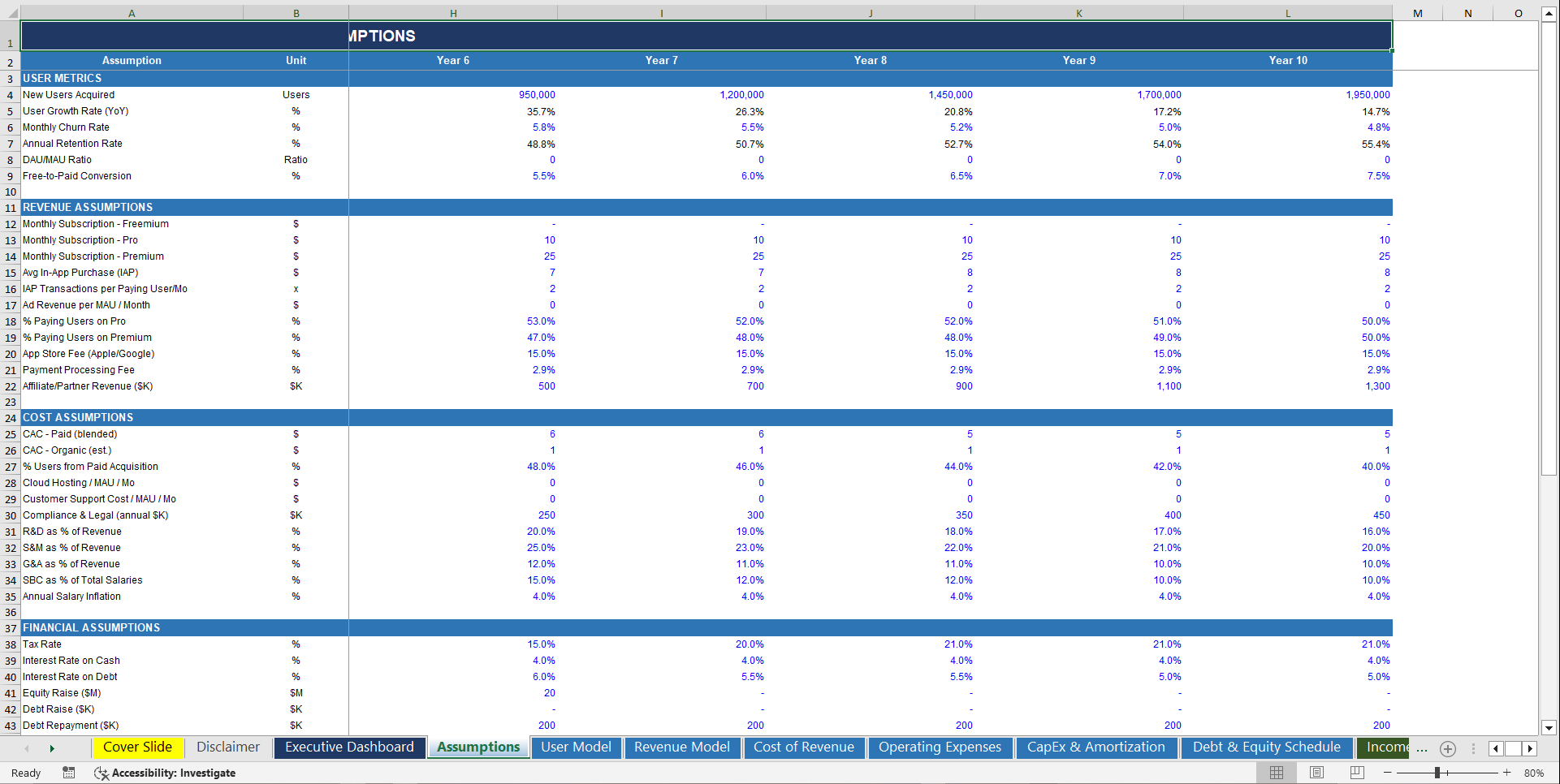 Mobile App Startup 10-Year 3 Statement Financial Model (Excel template (XLSX)) Preview Image