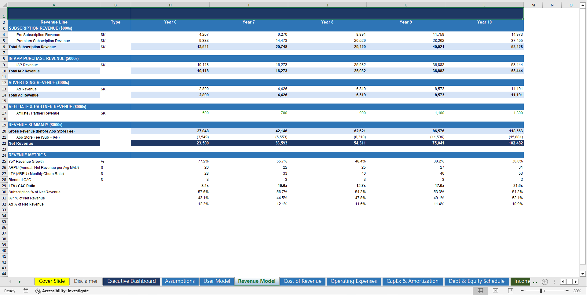 Mobile App Startup 10-Year 3 Statement Financial Model (Excel template (XLSX)) Preview Image