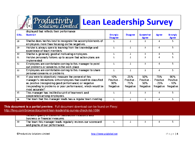 This is a partial preview of Lean Leadership Survey Checklist (5-page Word document). Full document is 5 pages. 