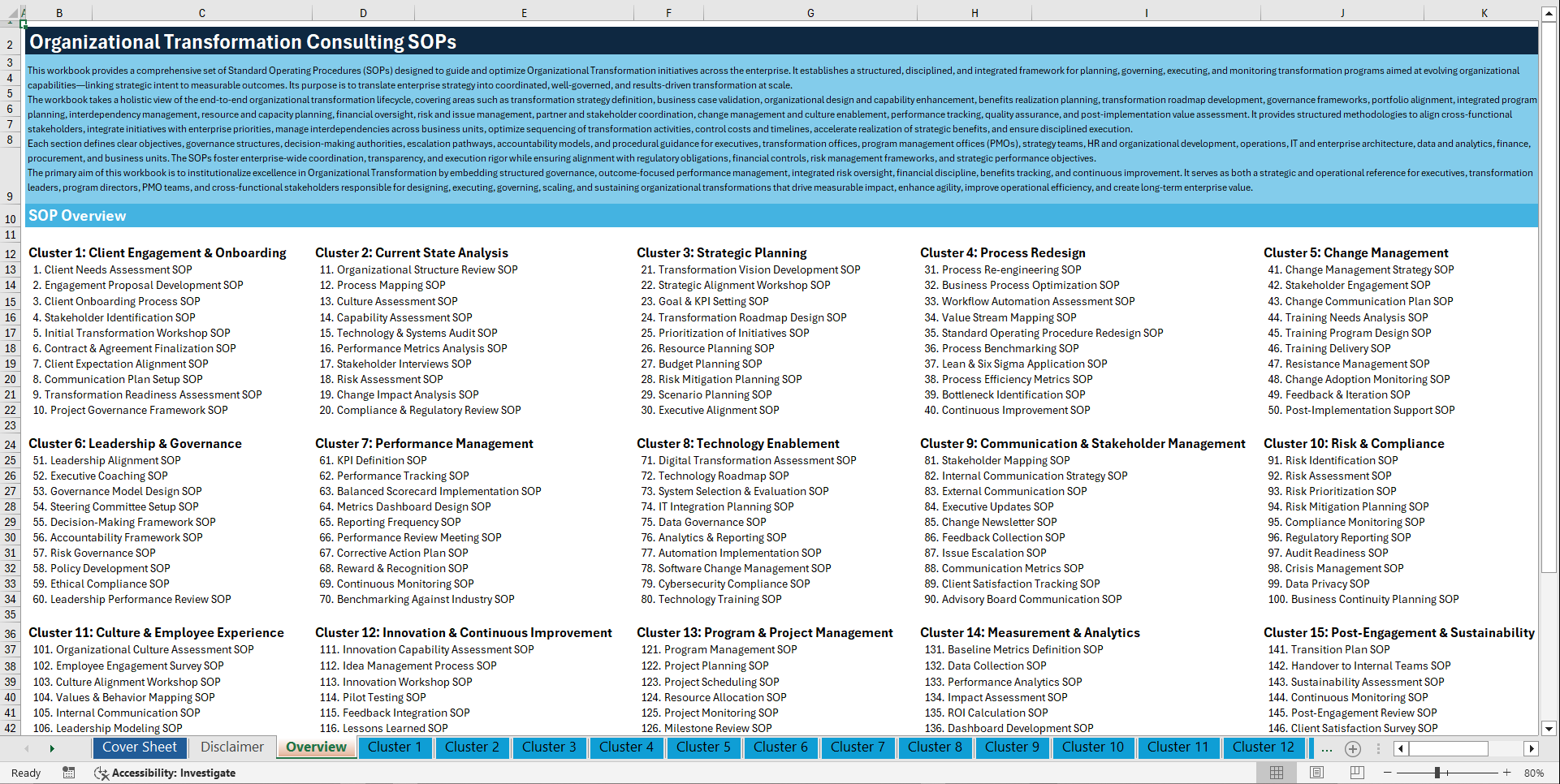 100+ Organizational Transformation Consulting SOPs (Excel template (XLSX)) Preview Image