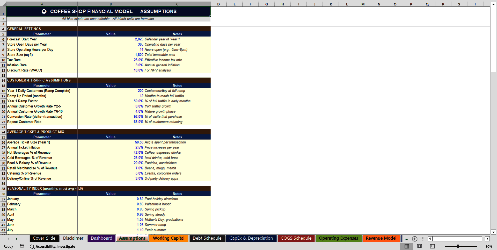 Coffee Shop 10-Year 3 Statement Financial Model (Excel template (XLSX)) Preview Image