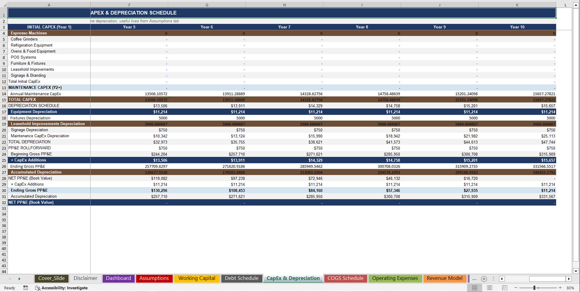 Coffee Shop 10-Year 3 Statement Financial Model (Excel template (XLSX)) Preview Image