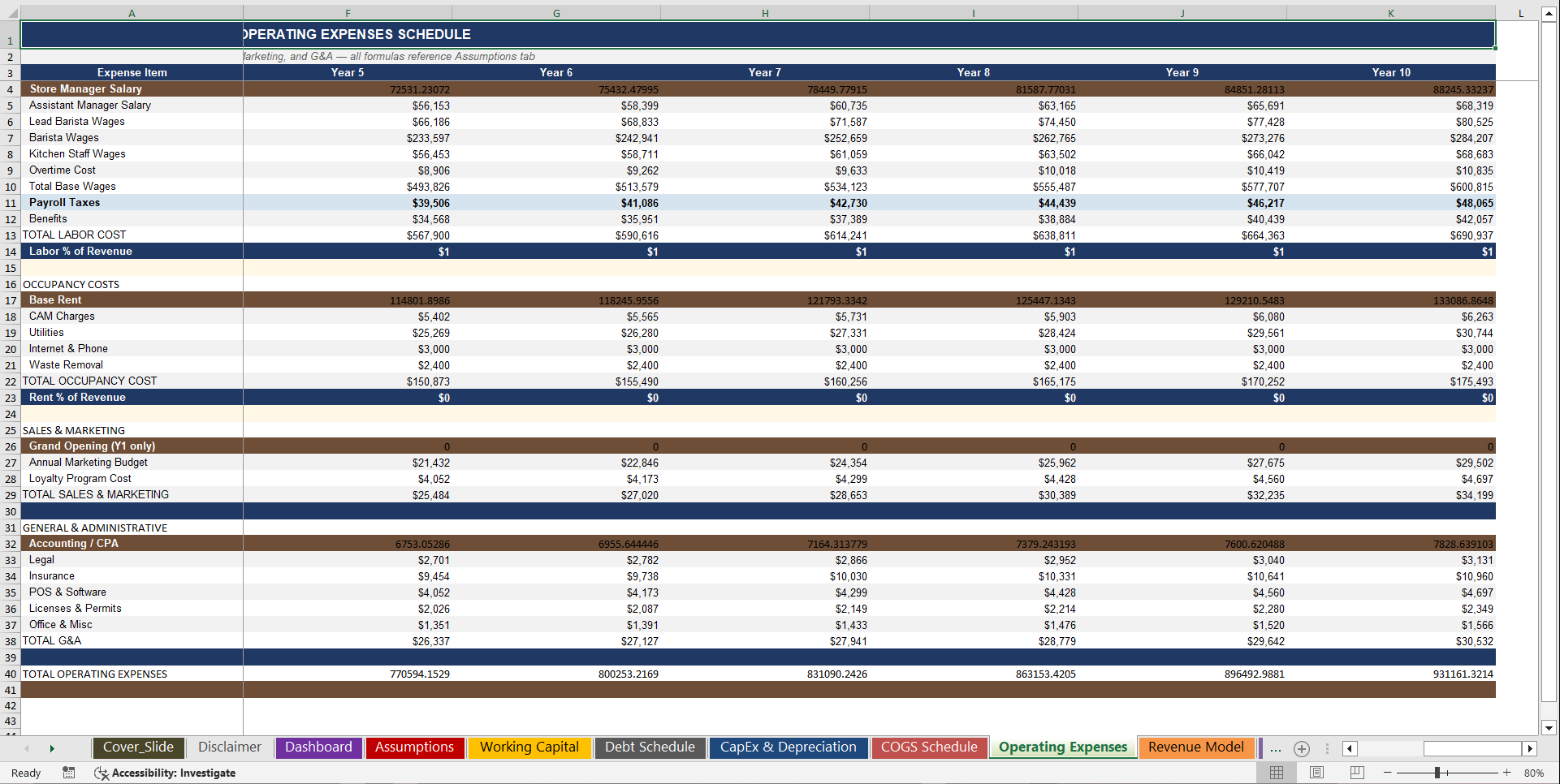 Coffee Shop 10-Year 3 Statement Financial Model (Excel template (XLSX)) Preview Image