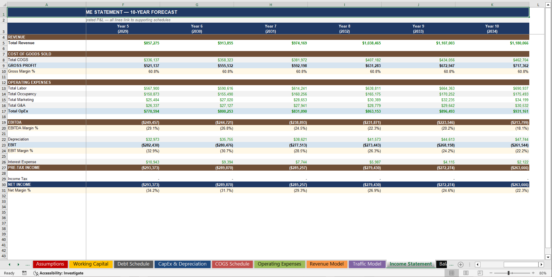 Coffee Shop 10-Year 3 Statement Financial Model (Excel template (XLSX)) Preview Image