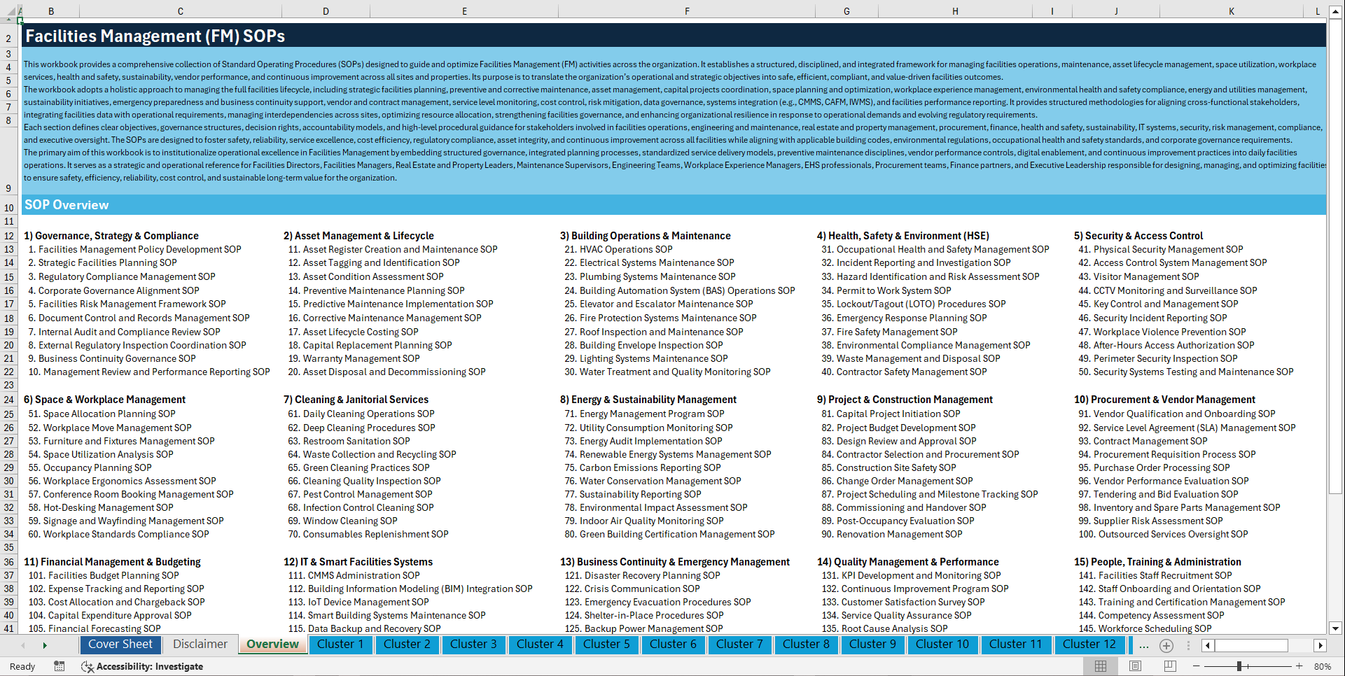 100+ Facilities Management SOPs (Excel template (XLSX)) Preview Image