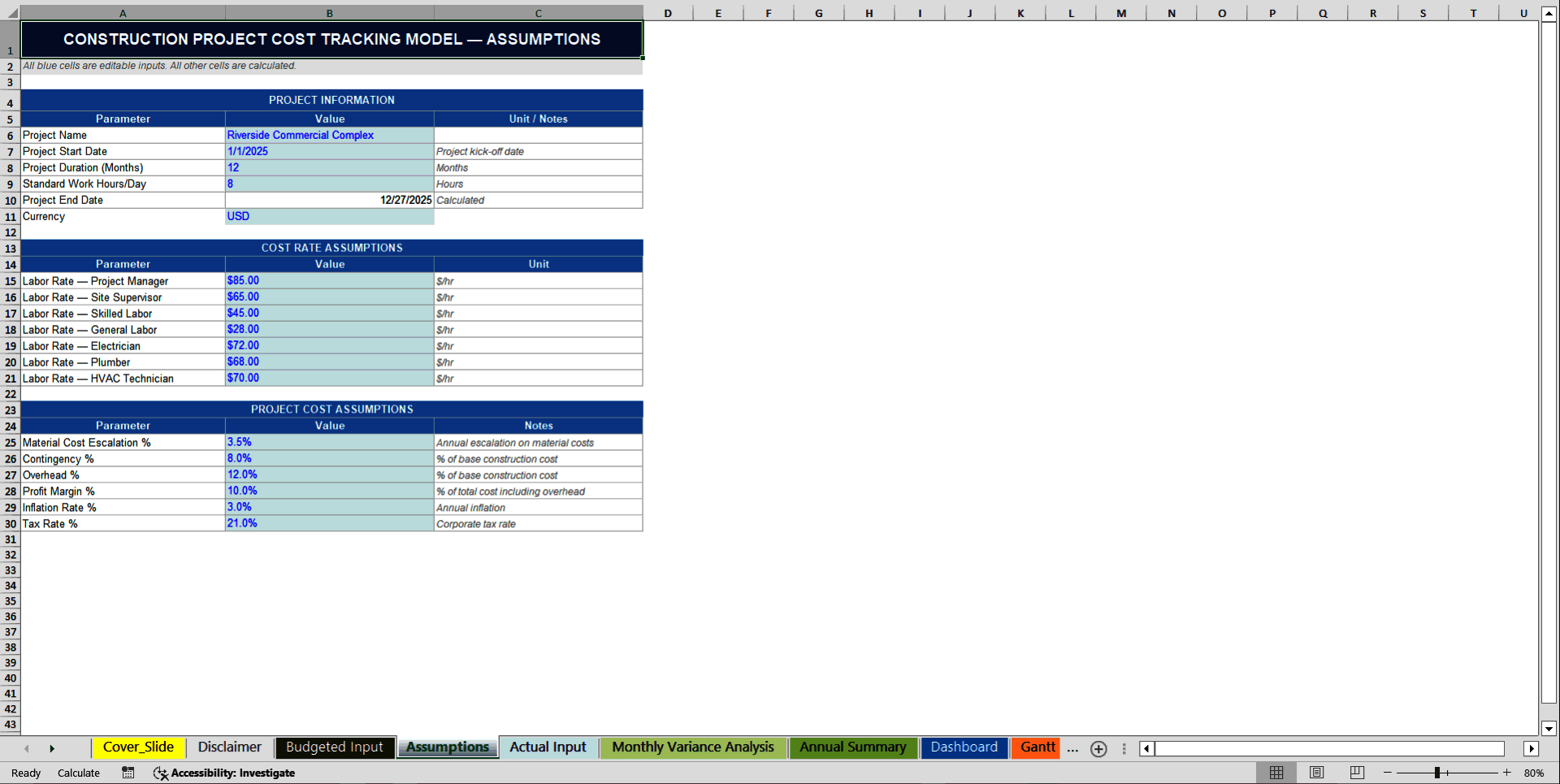 Construction Project Cost Tracking Model (Excel template (XLSX)) Preview Image