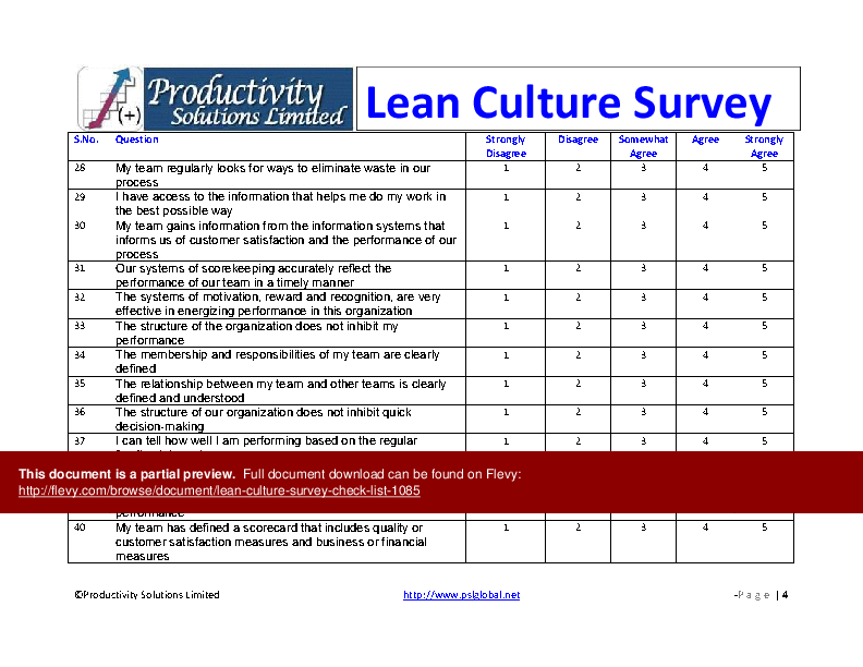 Lean Culture Survey Checklist (5-page Word document) Preview Image