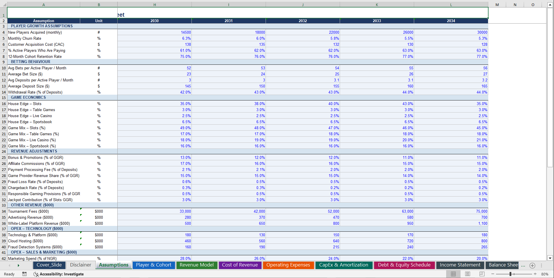iGaming Business 10-Year 3 Statement Financial Model (Excel template (XLSX)) Preview Image