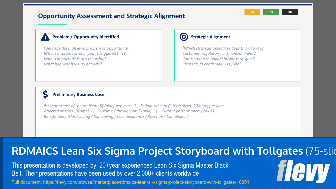 RDMAICS Lean Six Sigma Project Storyboard with Tollgates (75-slide PPT PowerPoint presentation slide deck (PPTX)) Preview Image