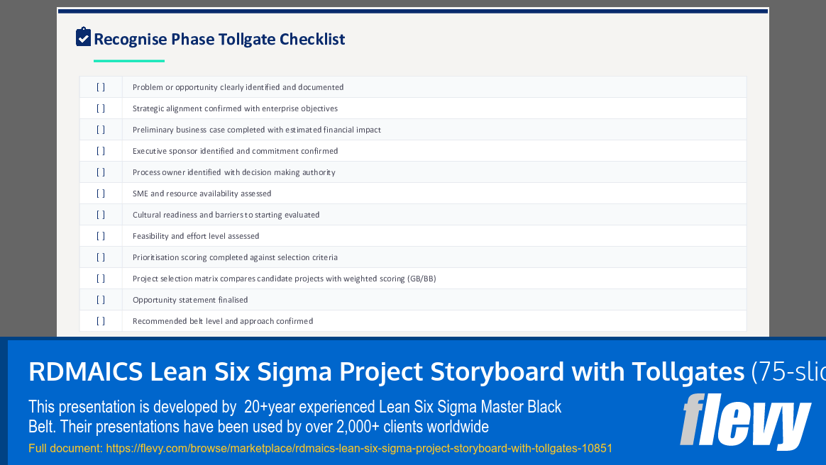 RDMAICS Lean Six Sigma Project Storyboard with Tollgates (75-slide PPT PowerPoint presentation slide deck (PPTX)) Preview Image